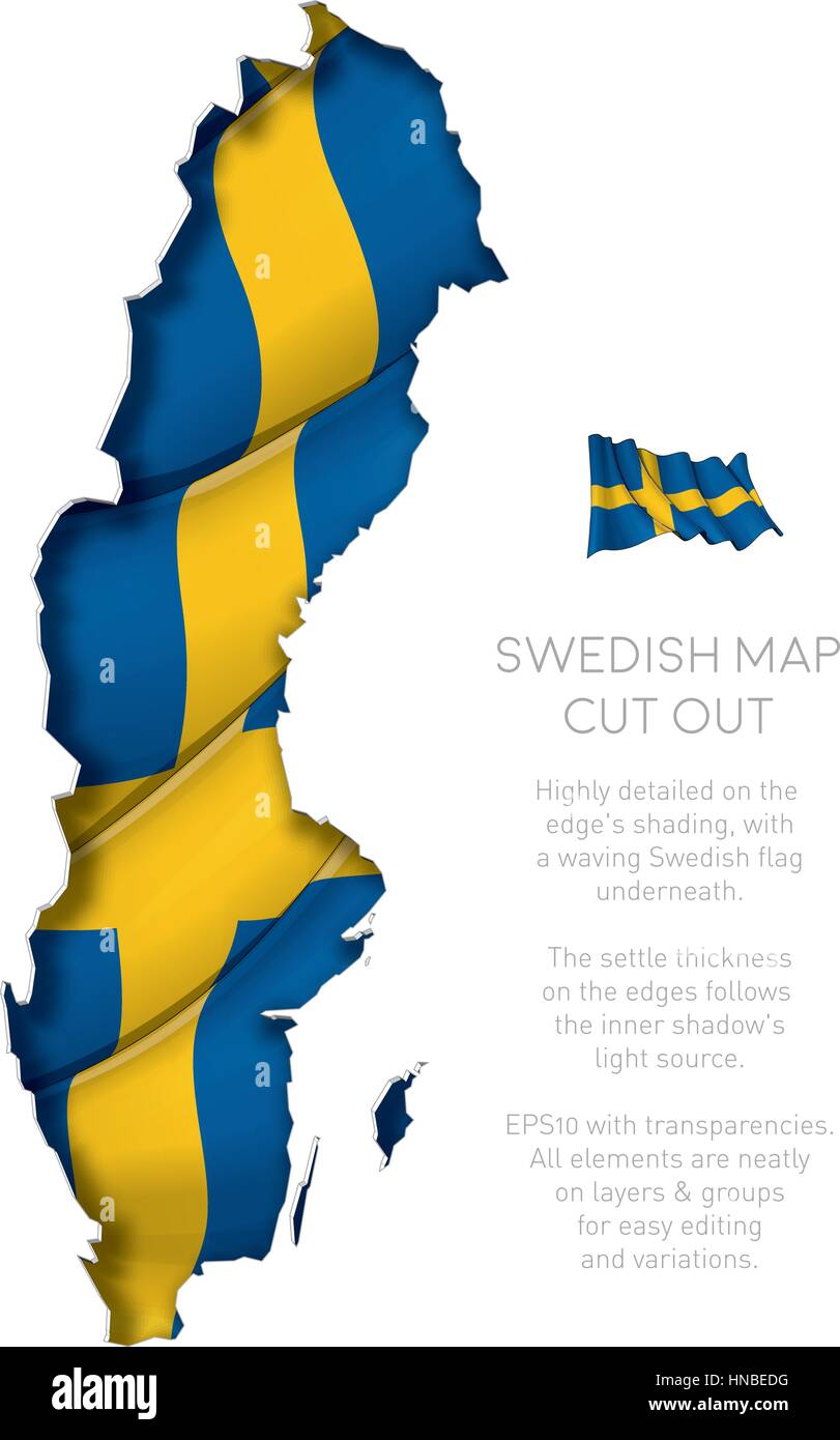 Vector Illustration of a cut out Map of Sweden with a waving Swedish flag underneath. All elements neatly on layers and groups for easy editing and va Stock Vector