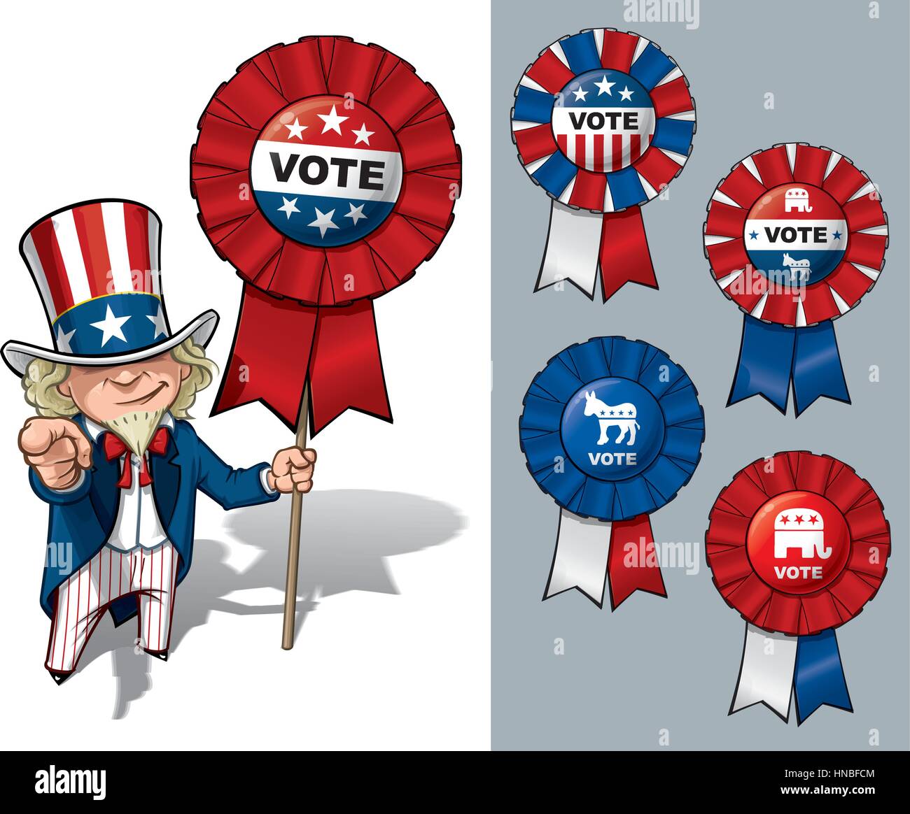 Vector Cartoon Illustration of Uncle Sam holding a Vote ribbon - banner - badge and pointing 'I want you' like the classic WWI poster. All options are Stock Vector
