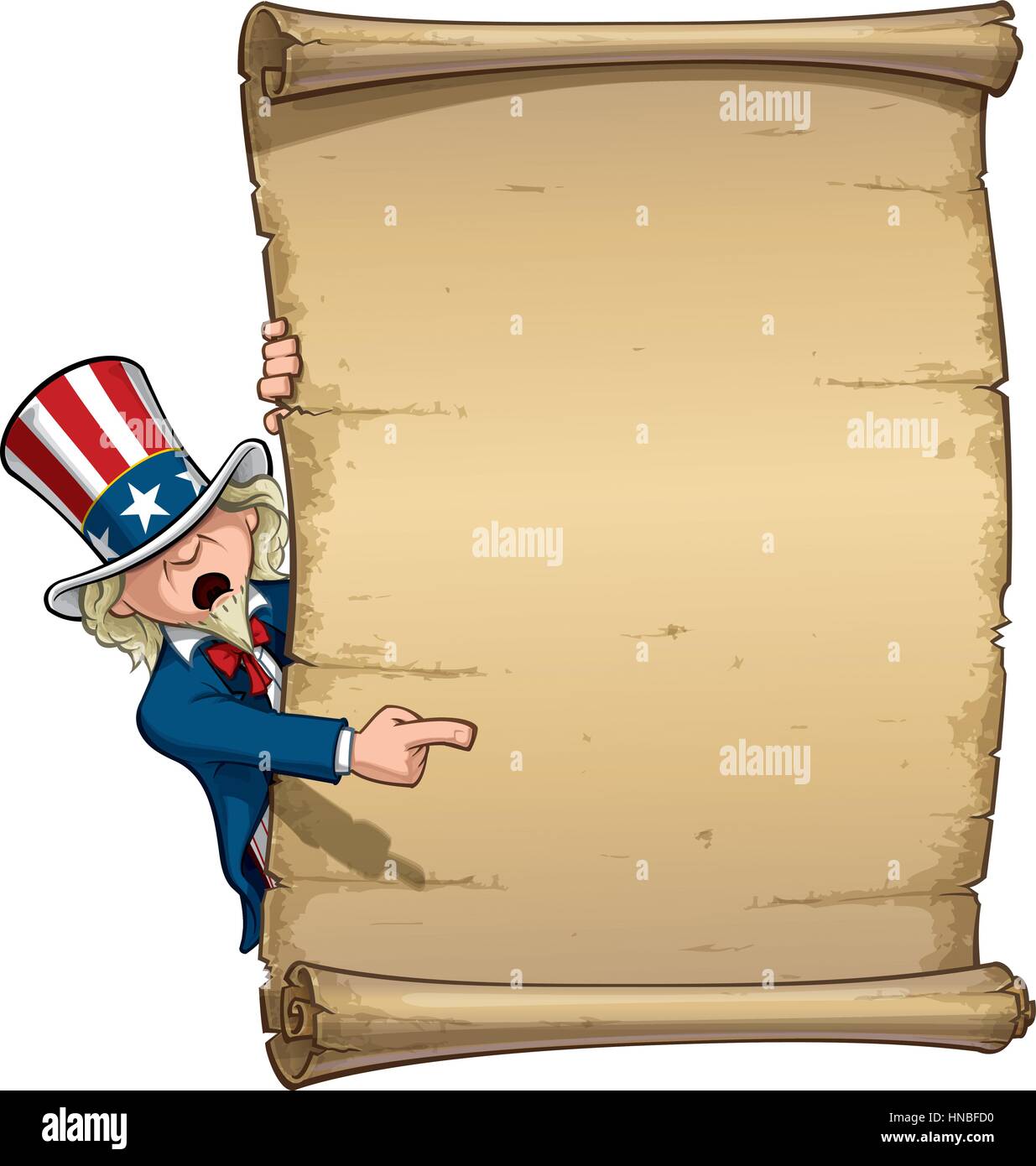 Vector Cartoon Illustration of Uncle Sam Pointing at a declaration-like papyrus. Stock Vector