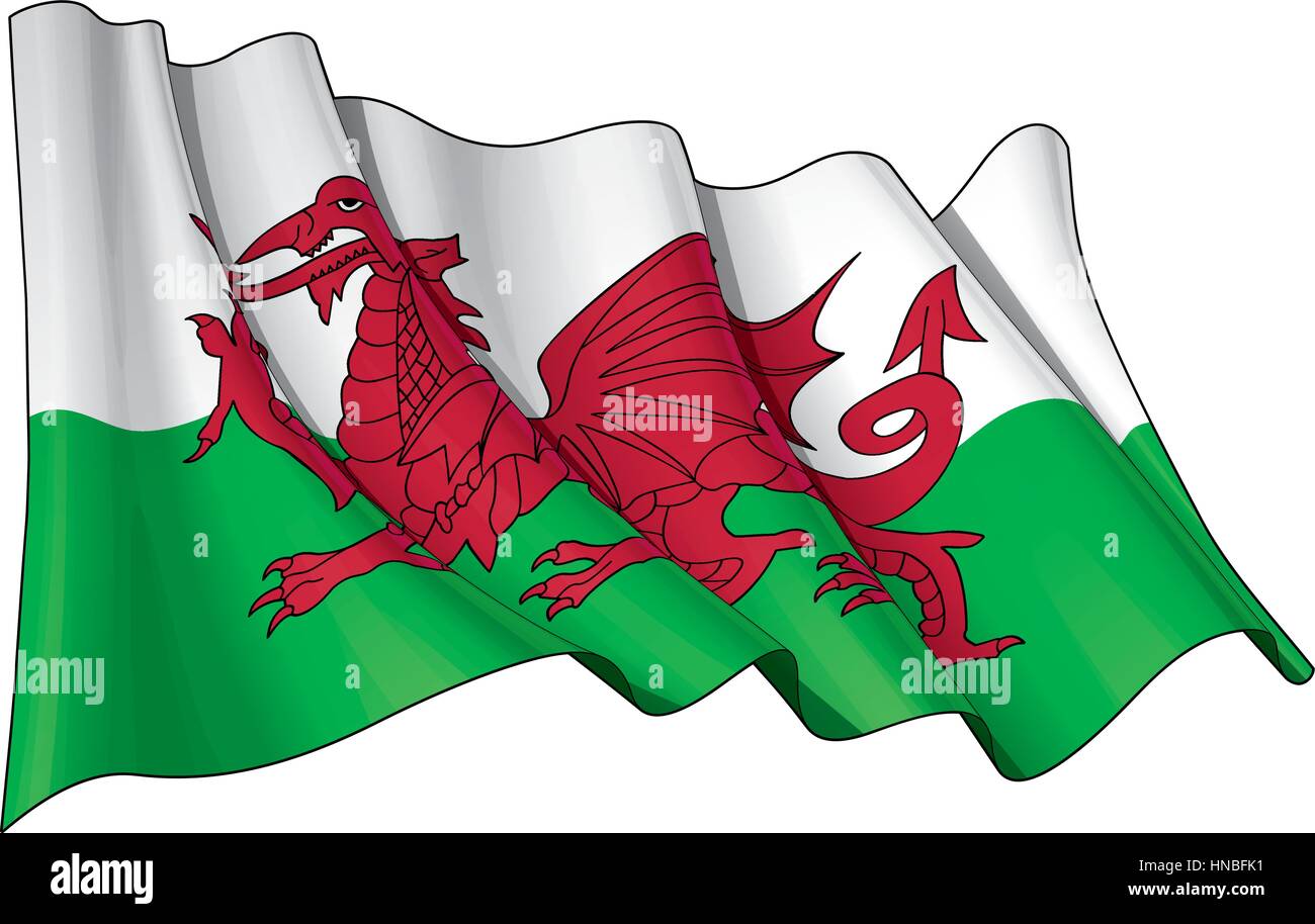 Vector Illustration of a waving Welsh Flag. All elements neatly organized. Lines, Shading & Flag Colors on separate layers for easy editing. Stock Vector