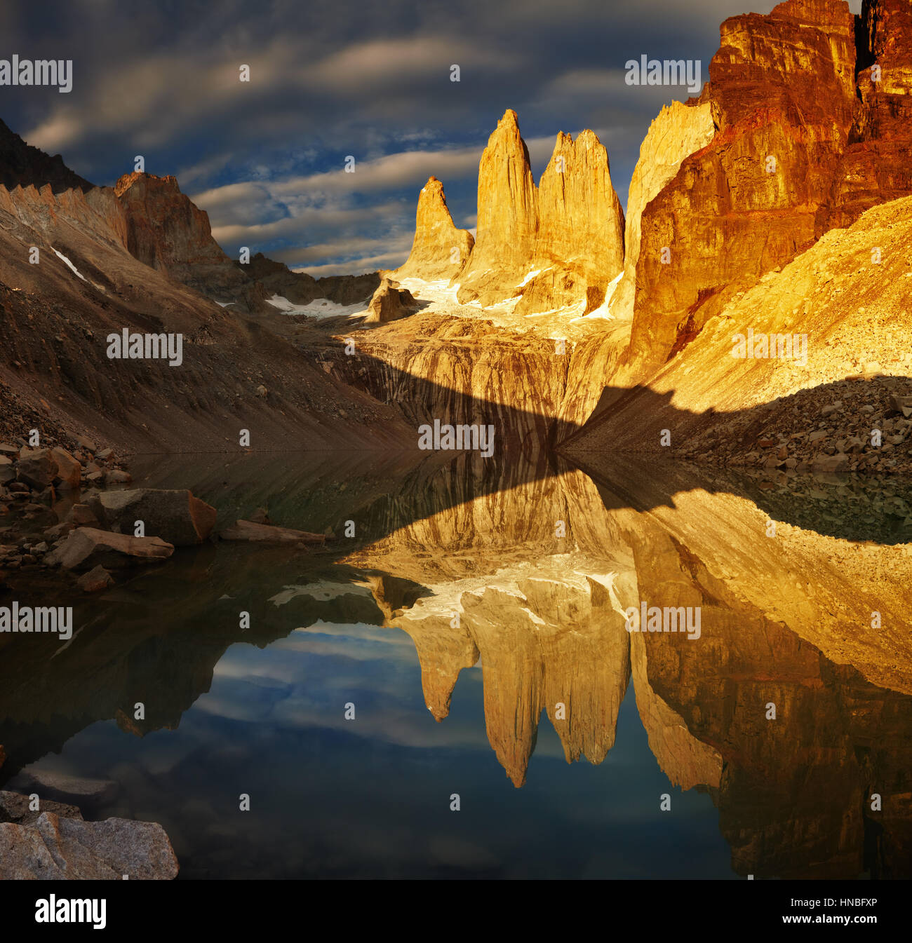 Towers at sunrise, Torres del Paine National Park, Patagonia, Chile Stock Photo