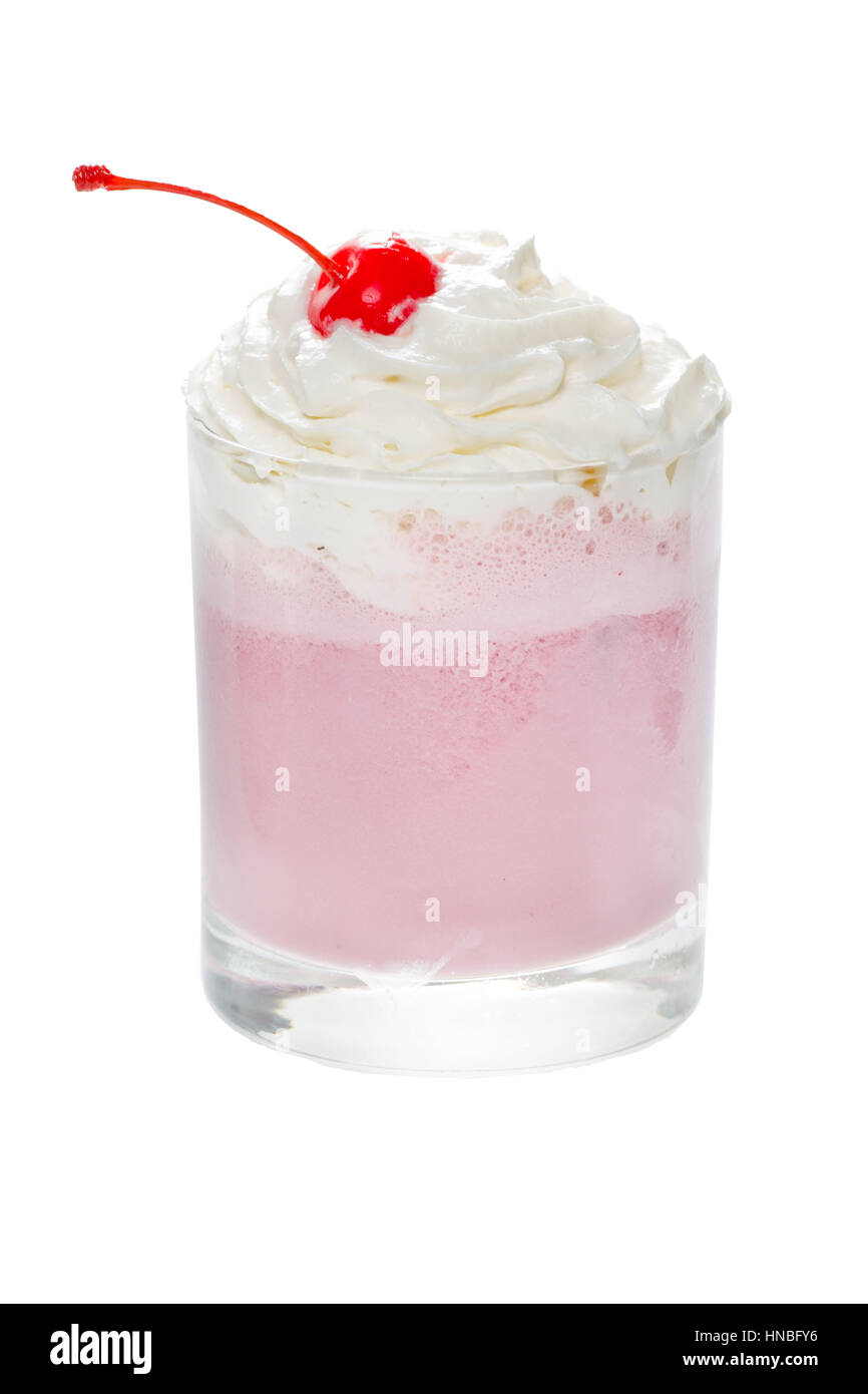 Pink milk cocktail with whipped cream close-up Stock Photo
