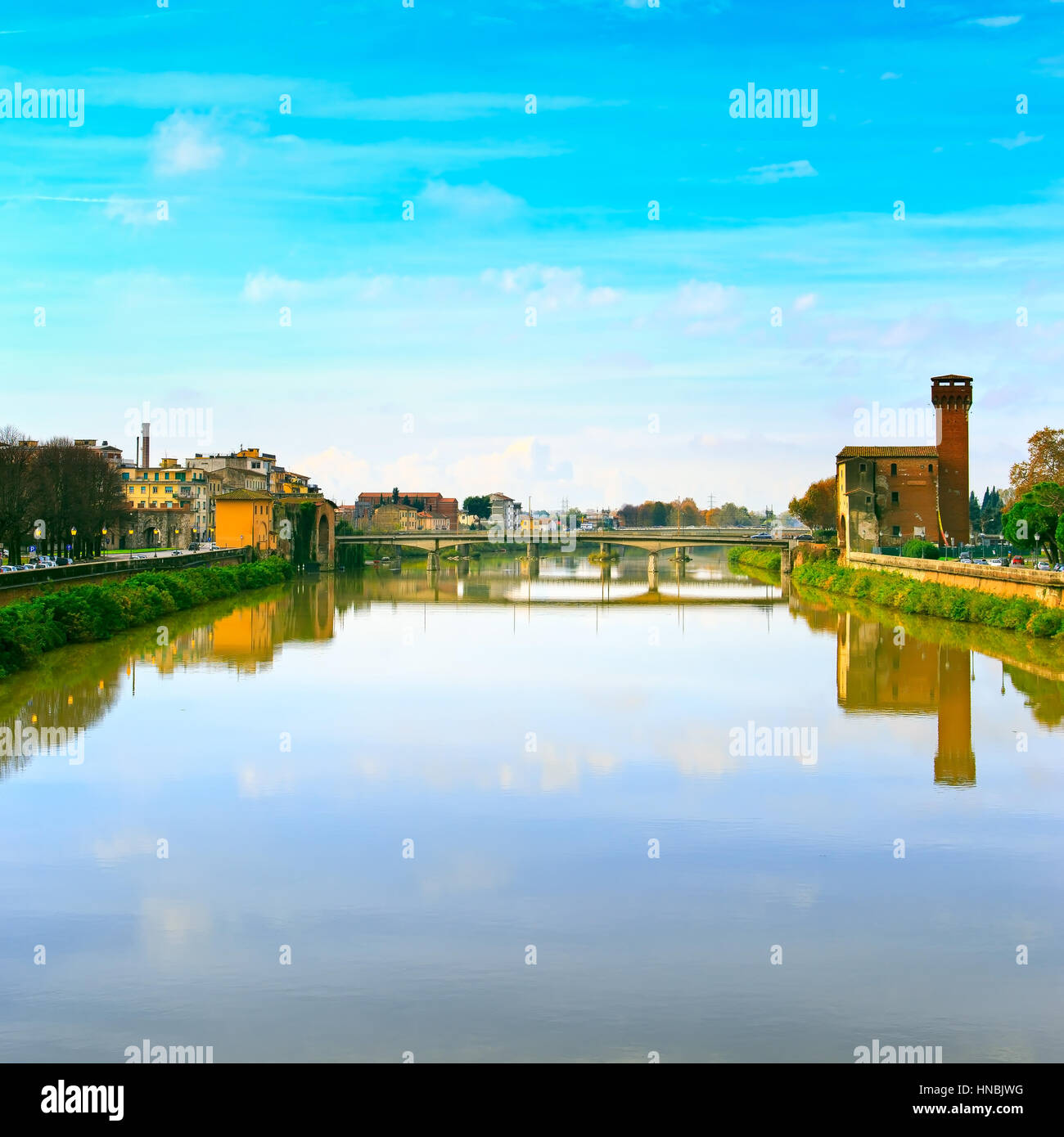 Pisa, Arno river and bridge. Lungarno view. Tuscany, Italy, Europe. Stock Photo