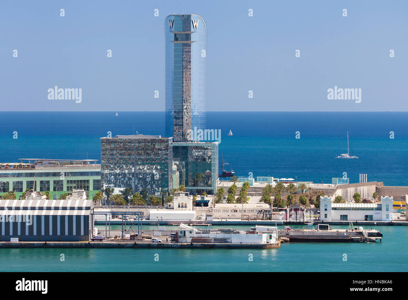 View of the Hotel W from Montjuic in Barcelona, Spain. Stock Photo