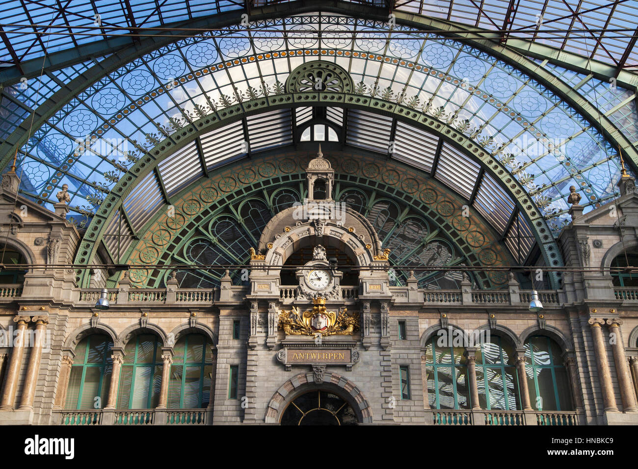 Historical facade of the Train Hall of Antwerp Central Railway Station in Antwerp, Belgium. Stock Photo