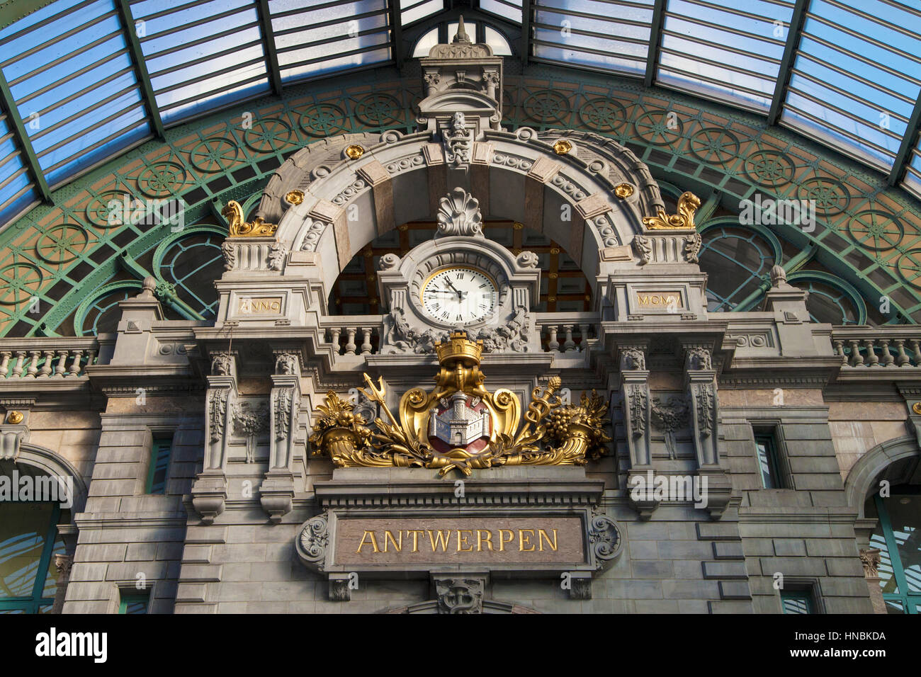 Clock of Antwerp Central Railway Station in Antwerp, Belgium. Stock Photo