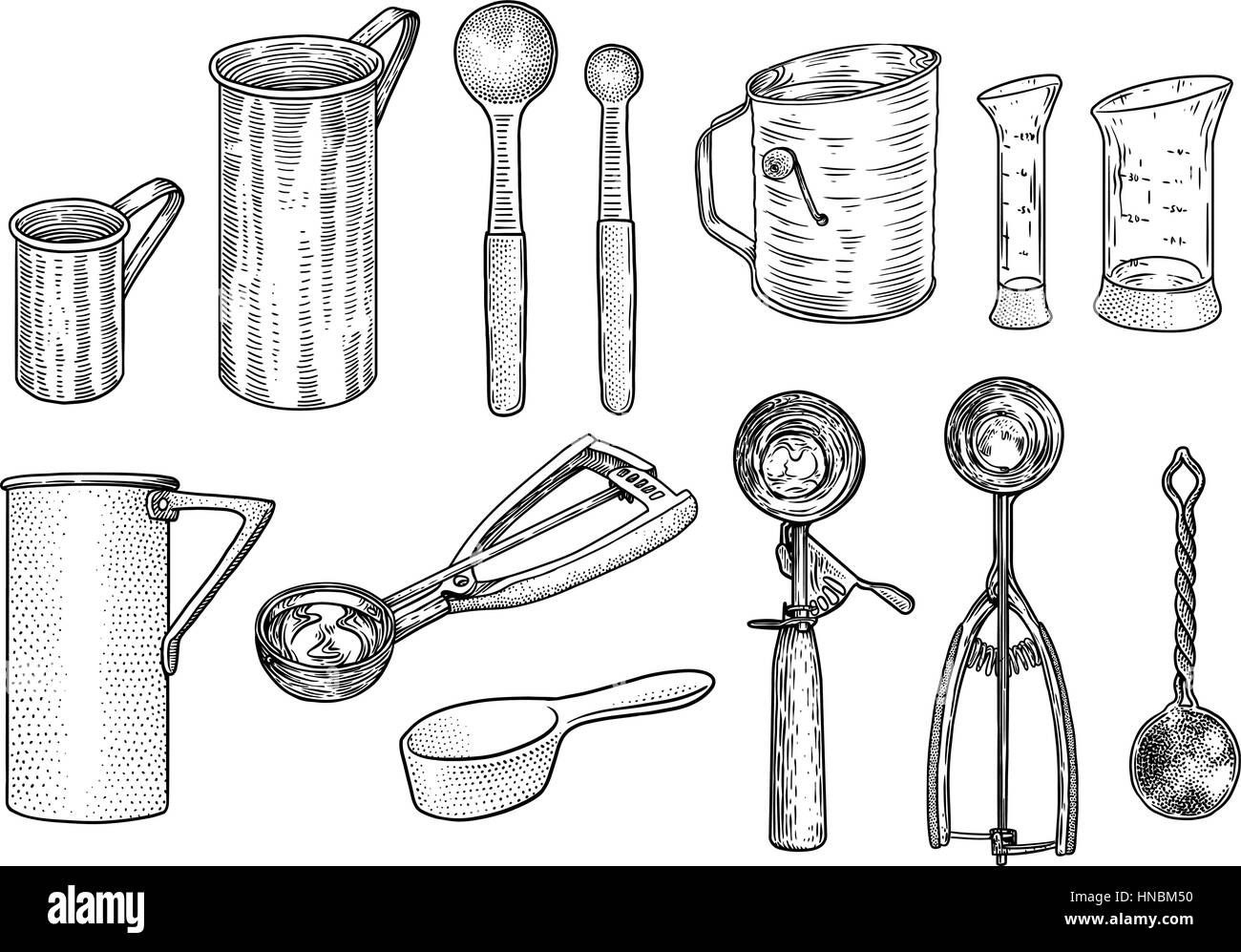 Kitchen utensil set illustration, drawing, engraving, line art Stock