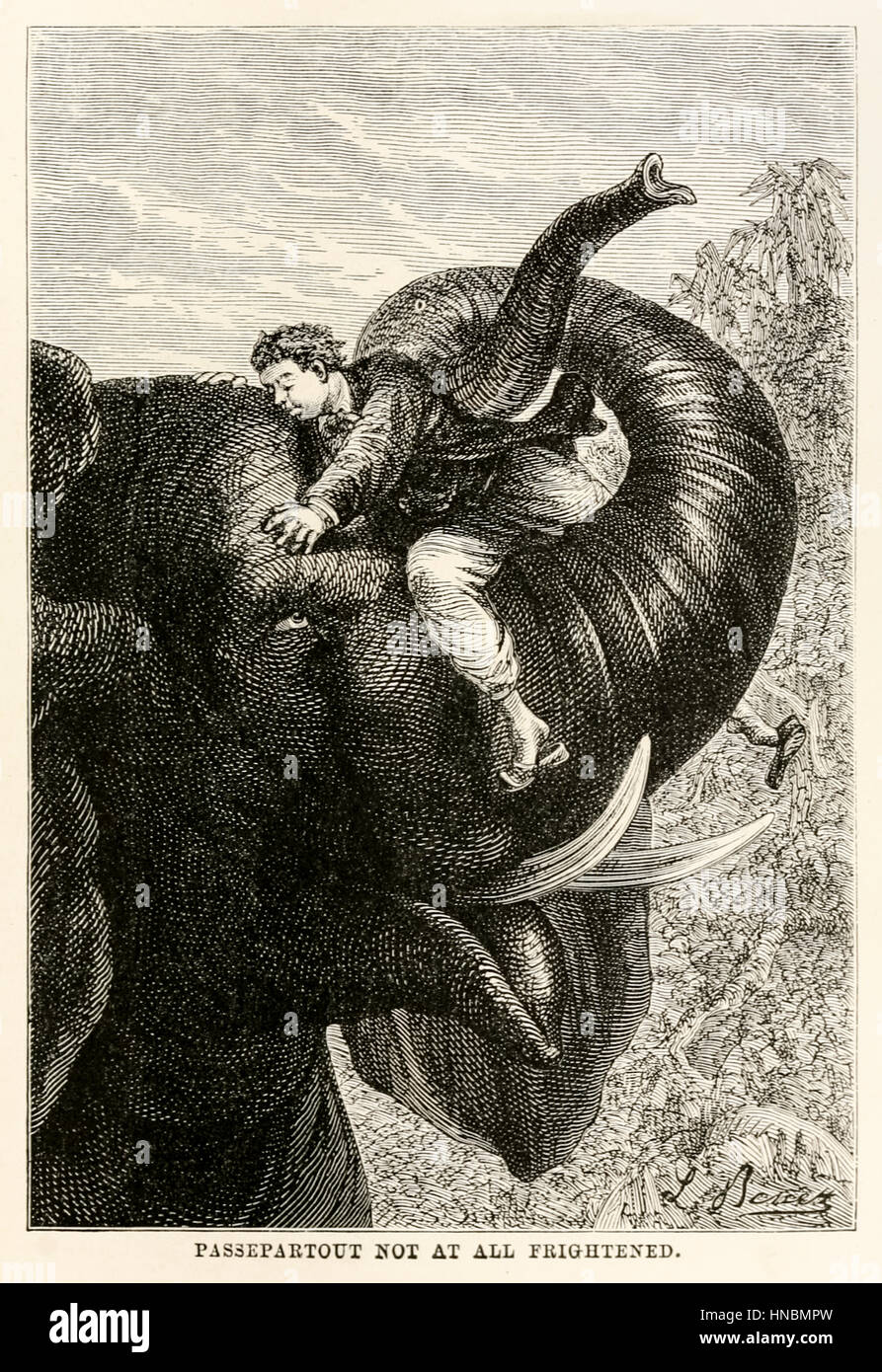 “Passepartout not at all frightened.” from ‘Around the World in Eighty Days’ by Jules Verne (1828-1905) published in 1873 with illustrations by Alphonse-Marie-Adolphe de Neuville (1835-1885) and Léon Benett (1839-1917) and engravings by Louis Dumont (born 1822) and Adolphe François Pannemaker (1822-1900). Stock Photo