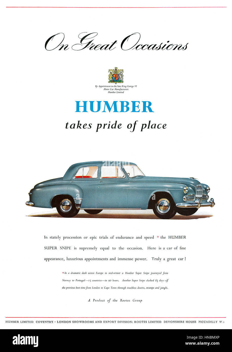1953 British advertisement for the Humber Super Snipe motor car Stock Photo