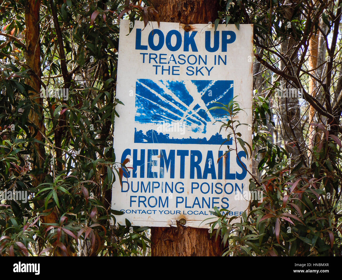 Chemtrail sign on a tree in Queensland - Australia Stock Photo