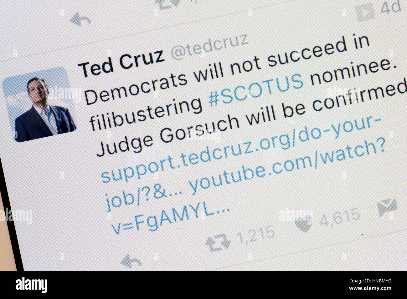 Texas Republican senator Ted Cruz Twitter message on mobile phone screen - USA Stock Photo
