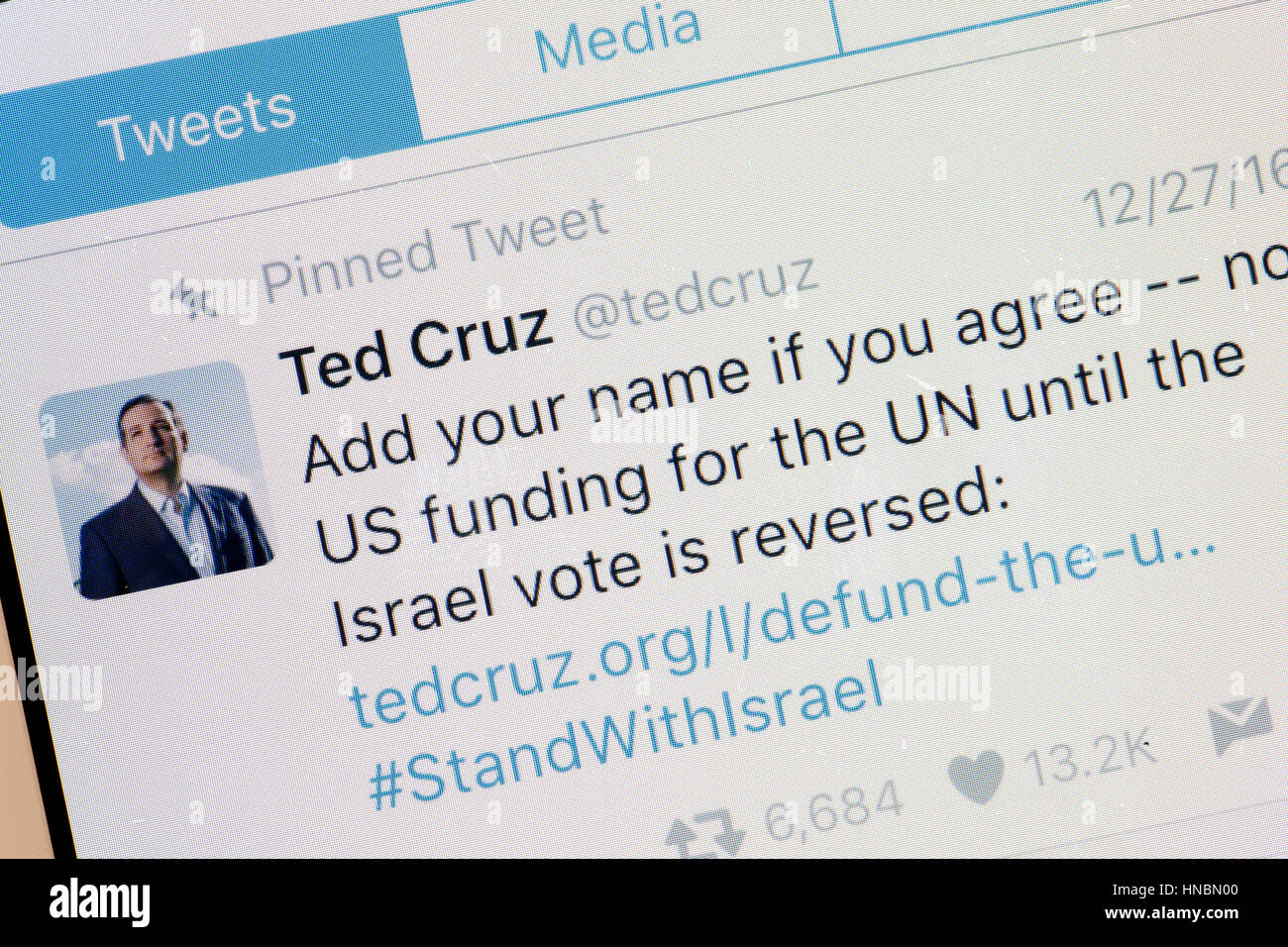 Texas Republican senator Ted Cruz Twitter message  on mobile phone screen - USA Stock Photo