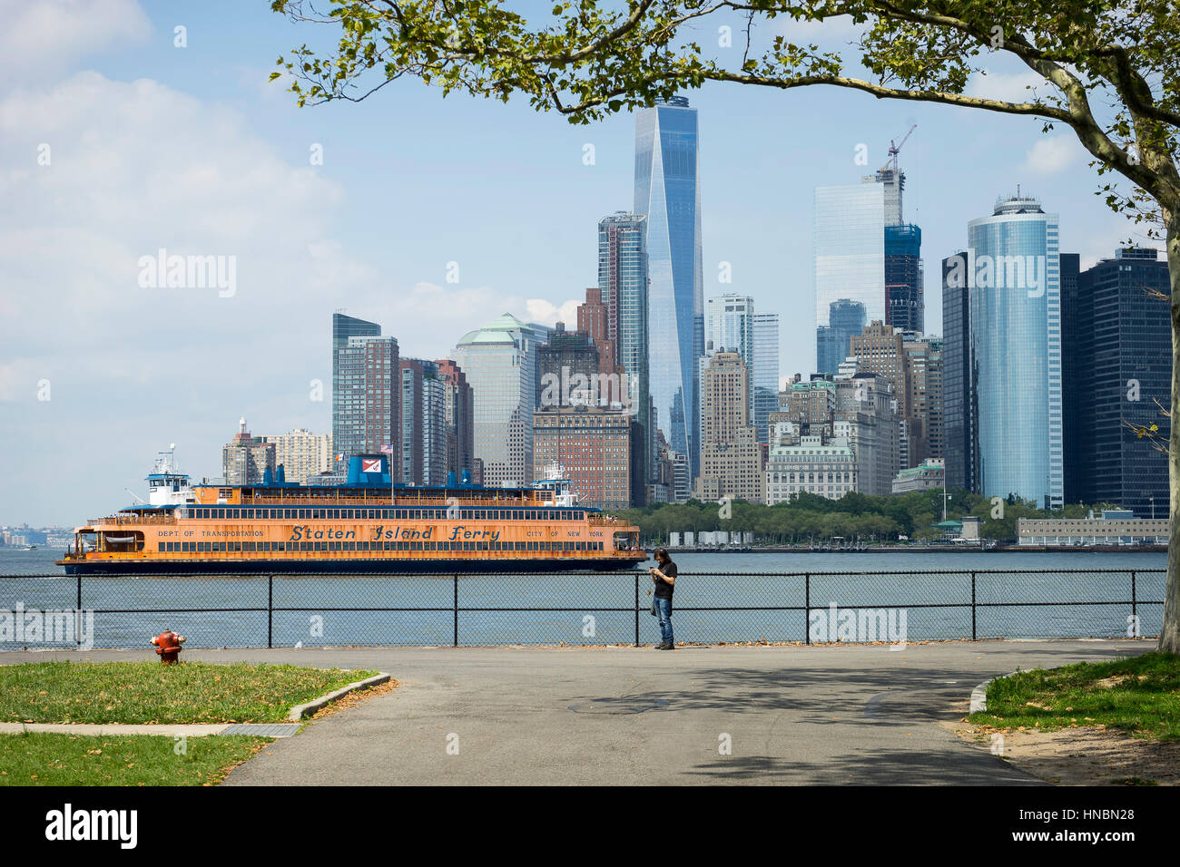 Staten Island Ferry in front of the Manhattan skyline viewed from