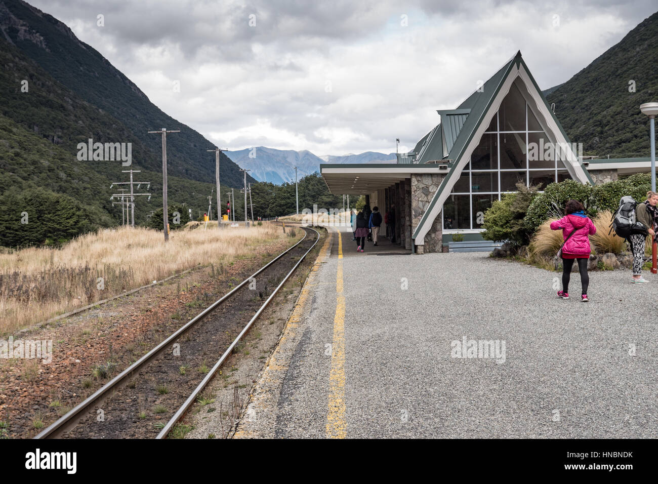 Arthur's Pass railway station on the route of the Tranz Alpine Express, South Island, New Zealand. Stock Photo