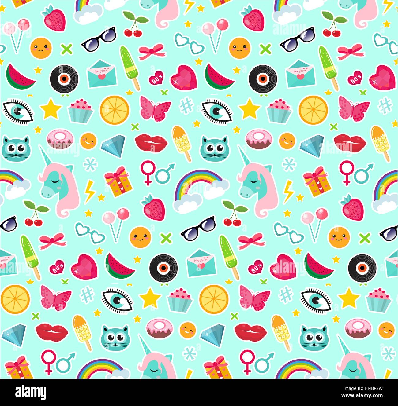 Fashion seamless pattern of patches 80s comic style. Pins, badges and stickers Collection cartoon pop art with a unicorn, rainbow, lips, emoji. Vector illustration. Stock Vector