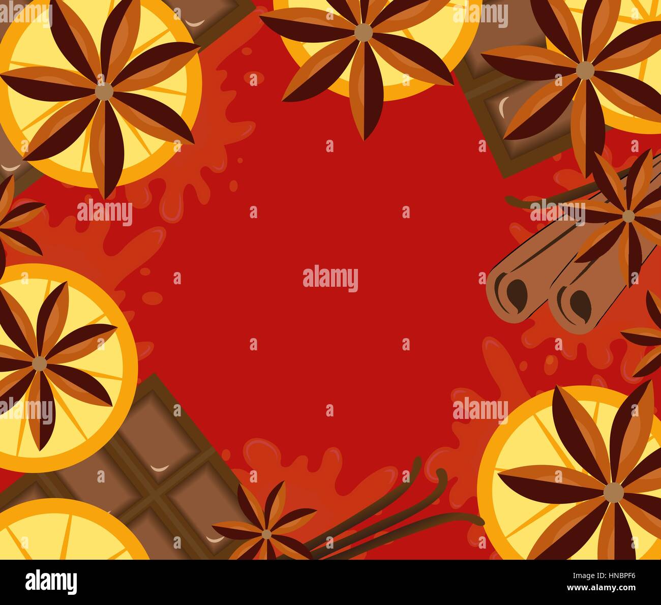 Red background with orange, cinnamon and chocolate. Mulled wine concept with space for text. Vector illustration. Stock Vector