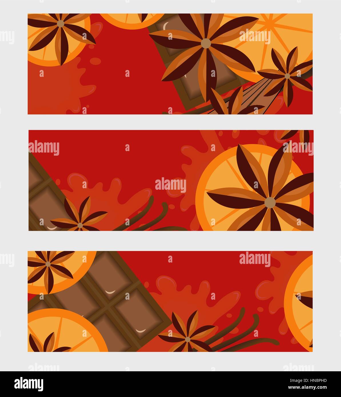 Red background with orange, cinnamon and chocolate. Mulled wine concept with space for text. Vector illustration. Stock Vector