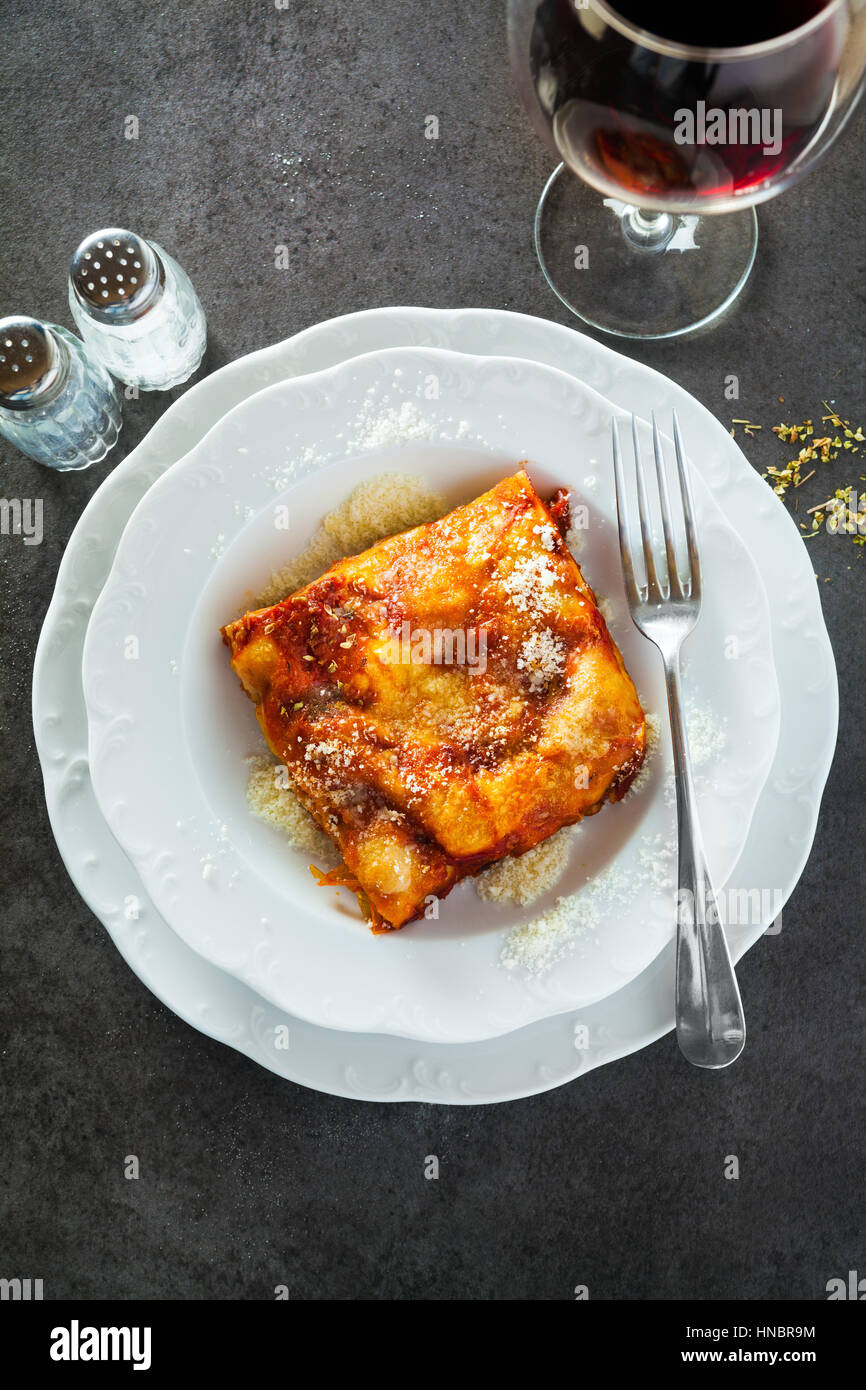 Lasagne with cheese layered between sheets of traditional Italian pasta