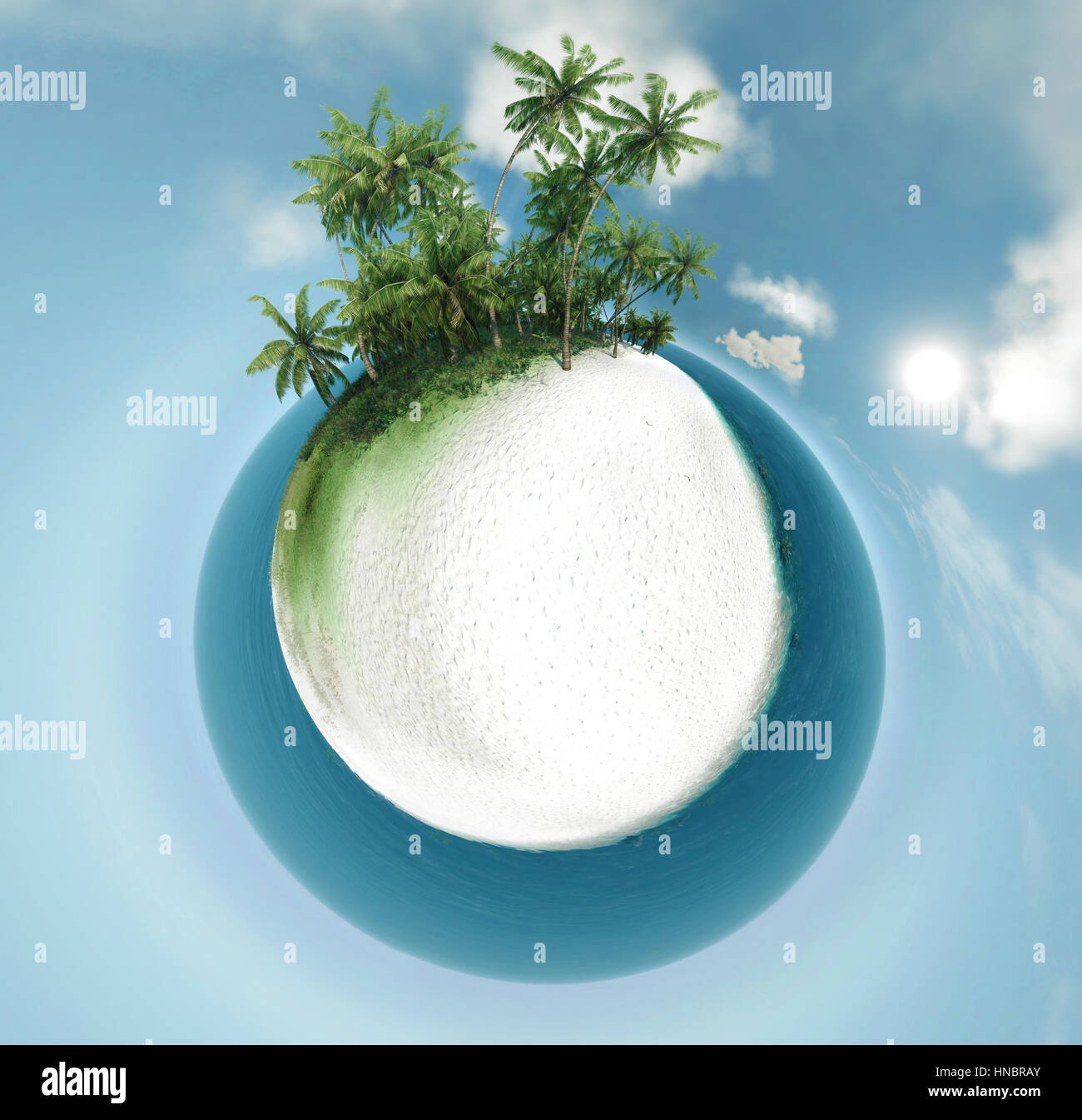 small planet, ocean, tropical island, palm trees 3D illustration Stock Photo