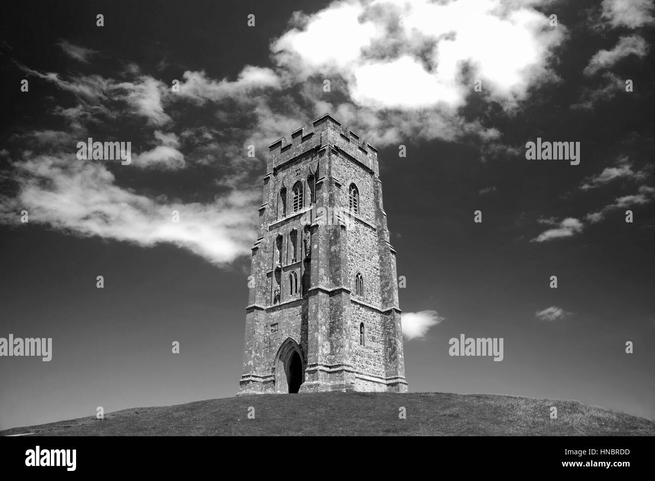Summer, Glastonbury Tor, St Michael's Tower, Somerset Levels, Somerset County, England, UKdark Stock Photo