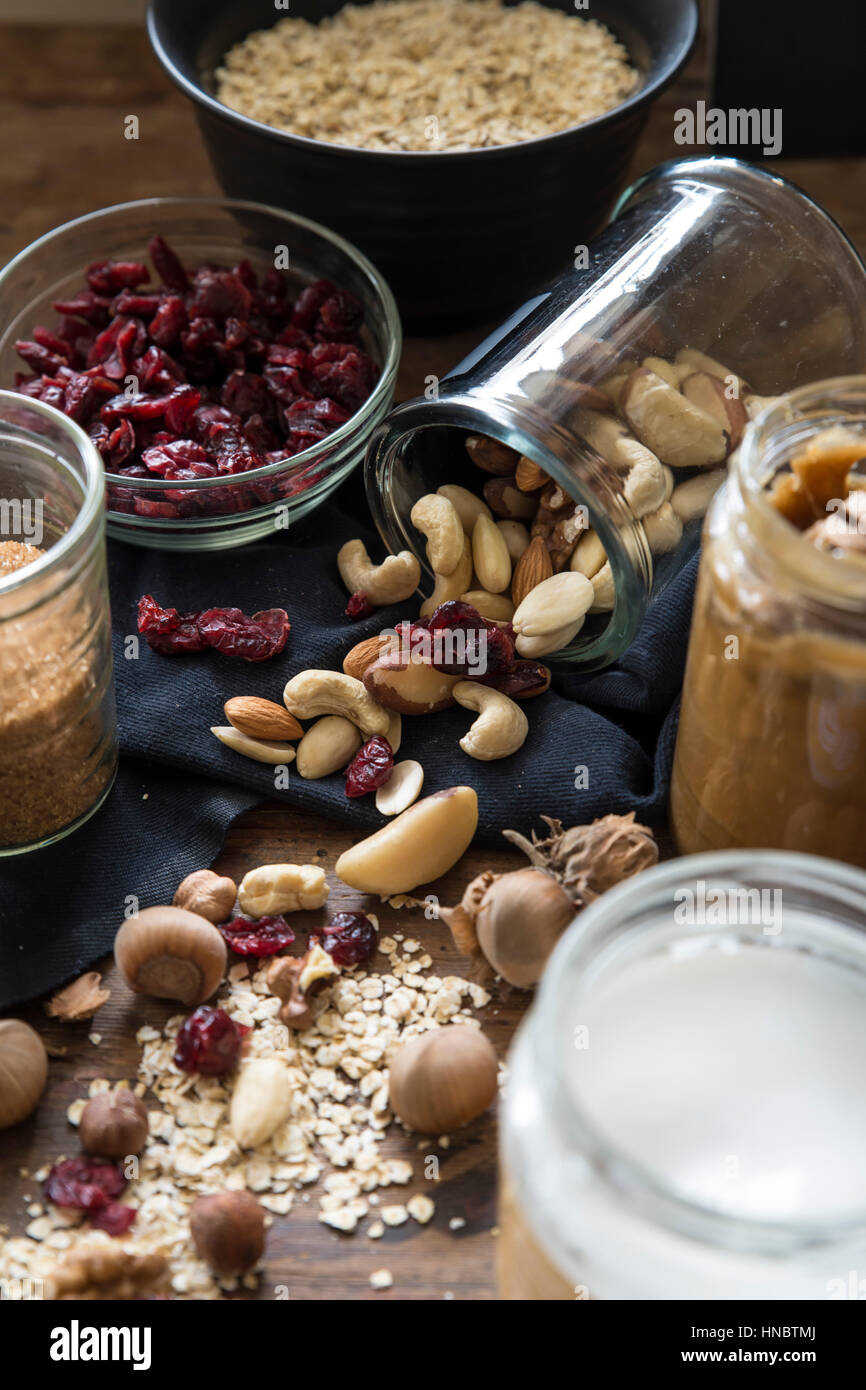 Nuts, oats, dried fruit and honey Stock Photo Alamy