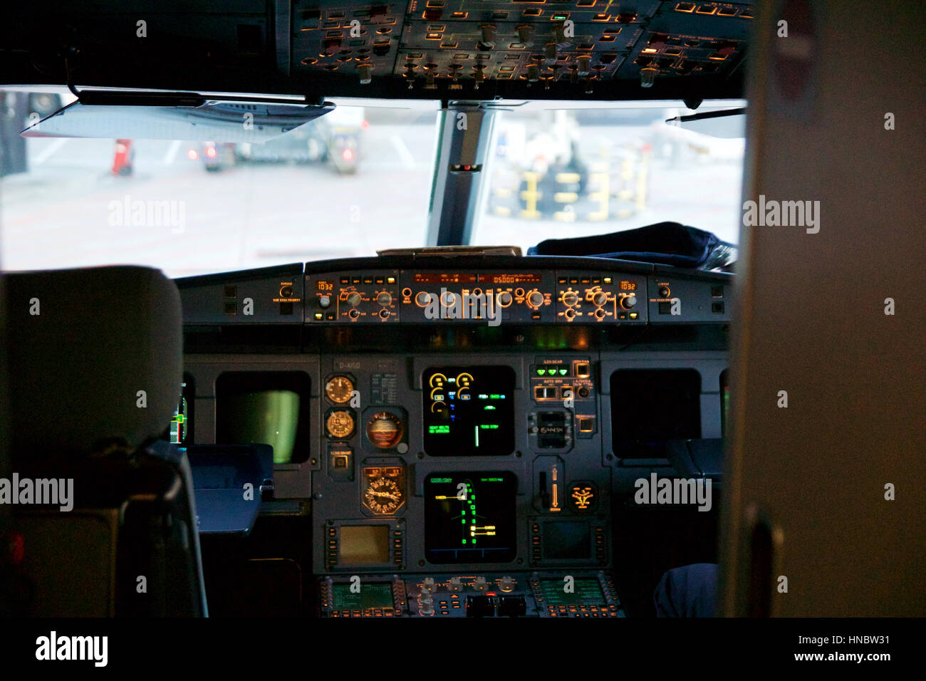 FRANKFURT, GERMANY - JAN 20th, 2017: Airbus A320 cockpit interior. The Airbus A320 family consists of short- to medium-range, narrow-body, commercial  Stock Photo