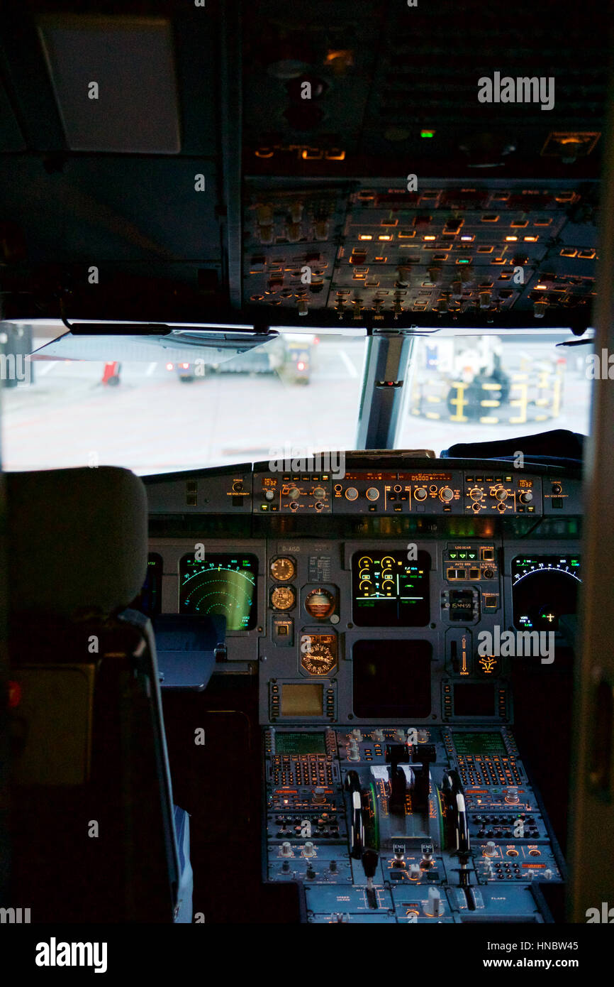 FRANKFURT, GERMANY - JAN 20th, 2017: Airbus A320 cockpit interior. The Airbus A320 family consists of short- to medium-range, narrow-body, commercial  Stock Photo
