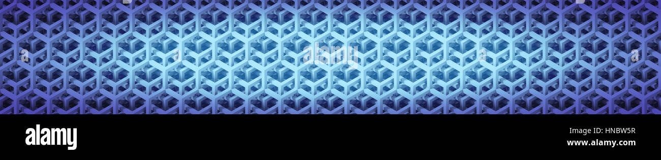 banner with a blue grid made of connected cubes structures with vignette Stock Photo