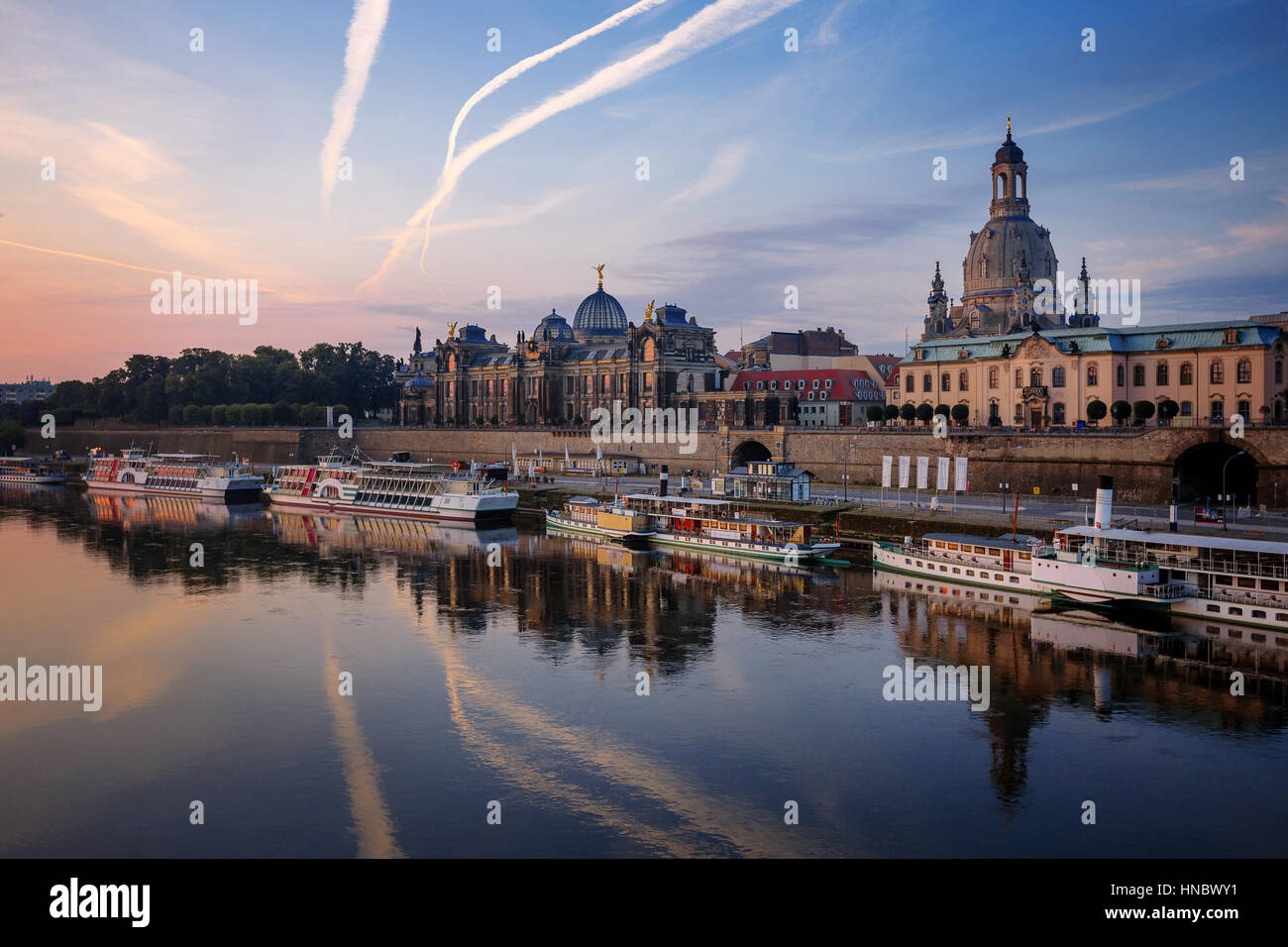 Bruhl's Terrace and River Elbe at sunrise, Dresden, Germany Stock Photo