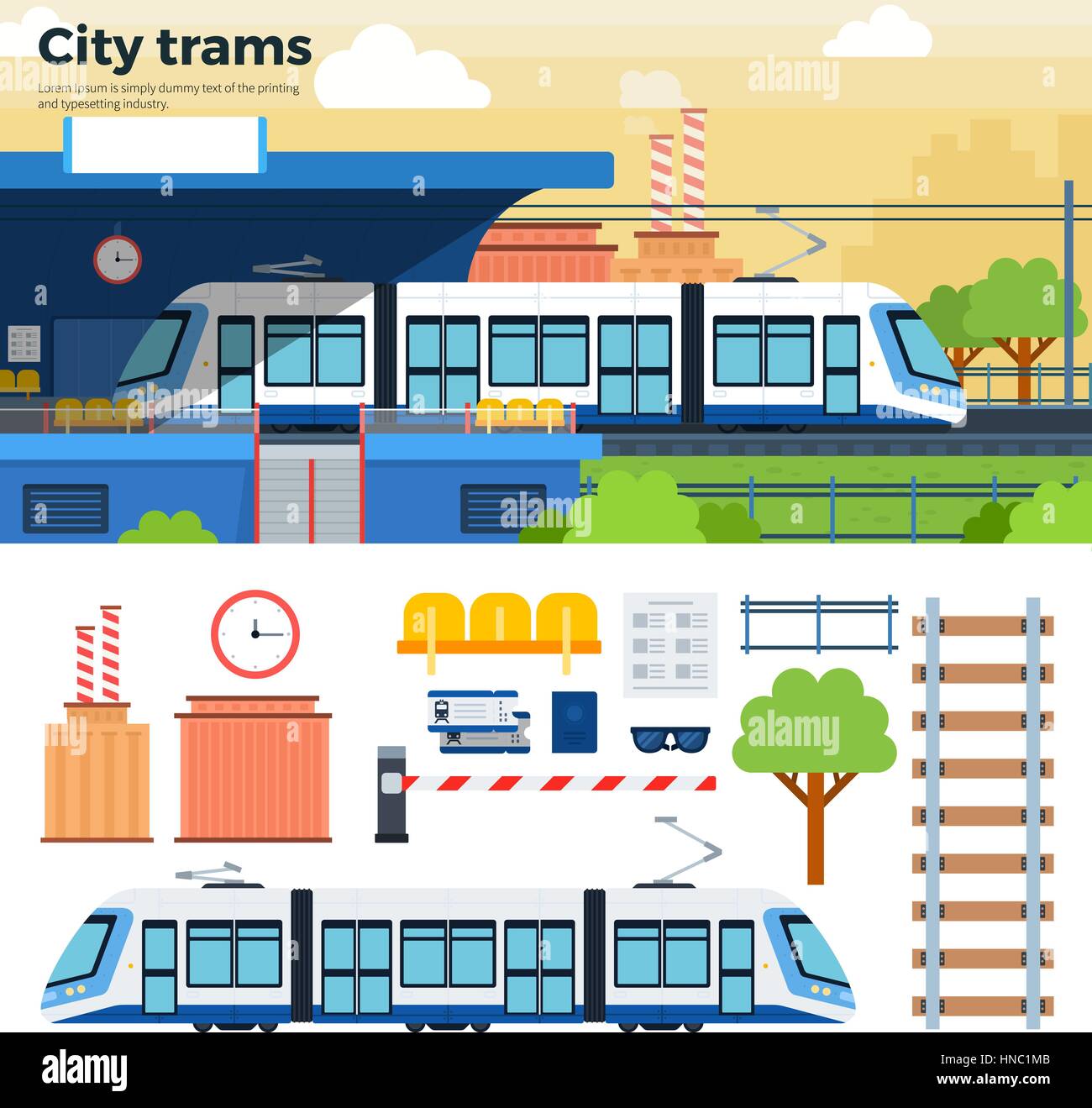 Tram on the street in the town vector flat illustrations. View of street with a tram on the station, urban  tools, tram, tickets, phone, bench and iso Stock Vector