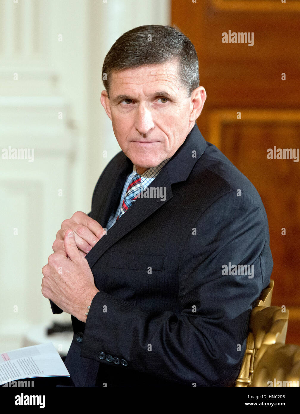 Washington DC, USA. 10th February 2017. Retired Lt. Gen. Michael T. Flynn, National Security Advisor prior to United States President Donald J. Trump conducting a joint press conference with Prime Minister Shinz? Abe of Japan in the East Room of the White Stock Photo