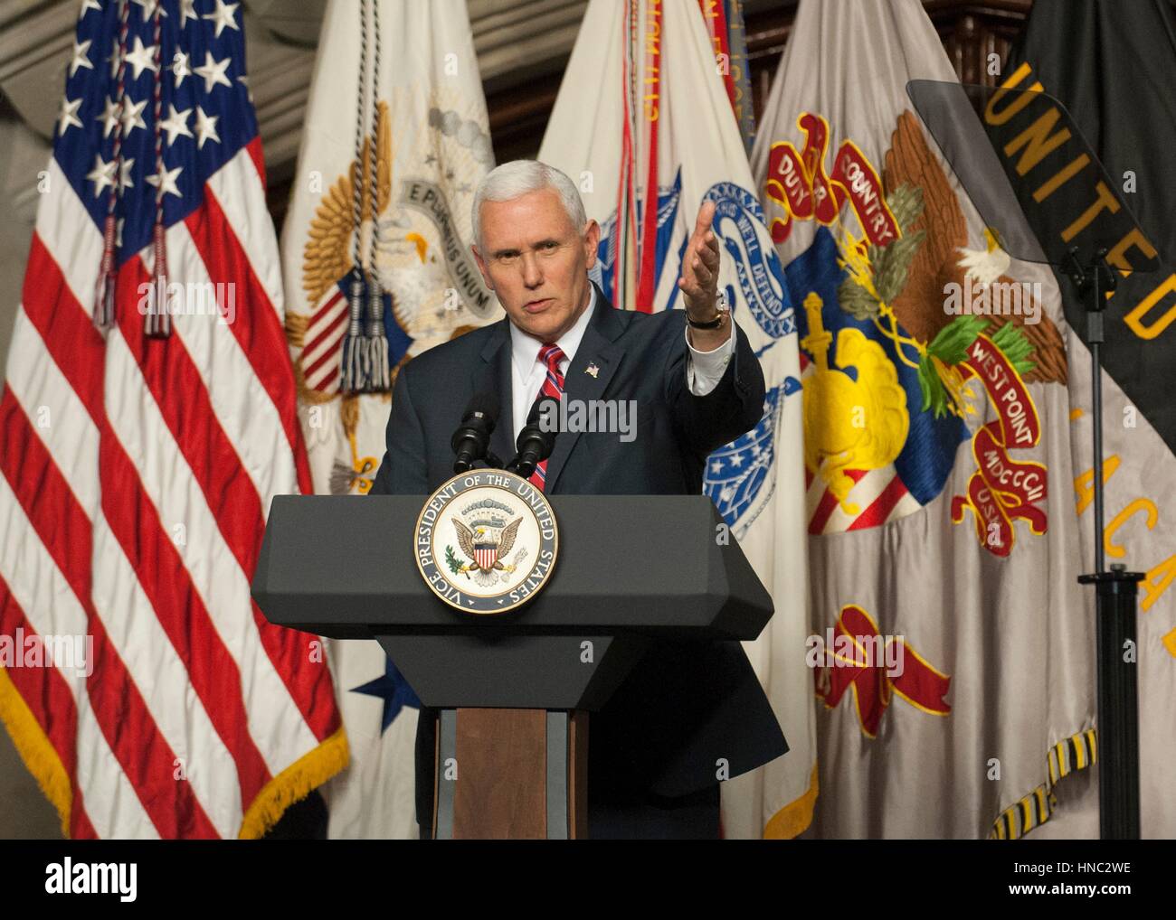 U.S. Vice President Mike Pence addresses the Corps of Cadets during the Flipper Dinner at the U.S. Military Academy February 9, 2017 in West Point, New York.  The annual dinner is held to commemorate the life of Henry O. Flipper, the first African-American graduate of West Point. Stock Photo