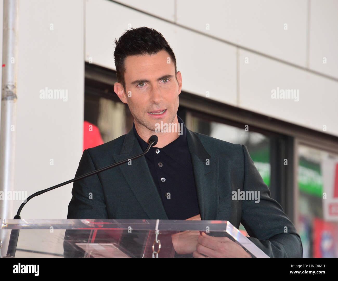 Los Angeles, California, USA. 10th February 2017. Singer Adam Levine at the Hollywood Walk of Fame Star Ceremony honoring singer Adam Levine.  Credit: Sarah Stewart/Alamy Live News Stock Photo
