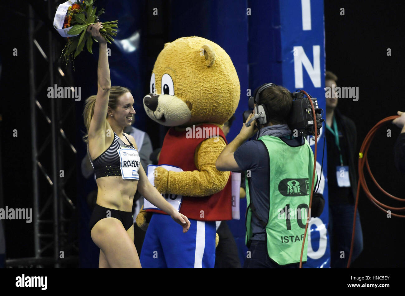 Berlin, Germany. 10th February 2017. ISTAF Indoor 2017, Mercedes-Benz Arena in Berlin, Germany. 60 meters of hurdles women Final winner Cindy Roleder (Germany) in time of 7.85 seconds. February, 2017. Credit: Paul Velasco/Alamy Live News Stock Photo