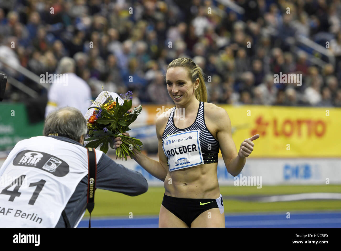 Berlin, Germany. 10th February 2017. ISTAF Indoor 2017, Mercedes-Benz Arena in Berlin, Germany. 60 meters of hurdles women Final winner Cindy Roleder (Germany) in time of 7.85 seconds. February, 2017. Credit: Paul Velasco/Alamy Live News Stock Photo