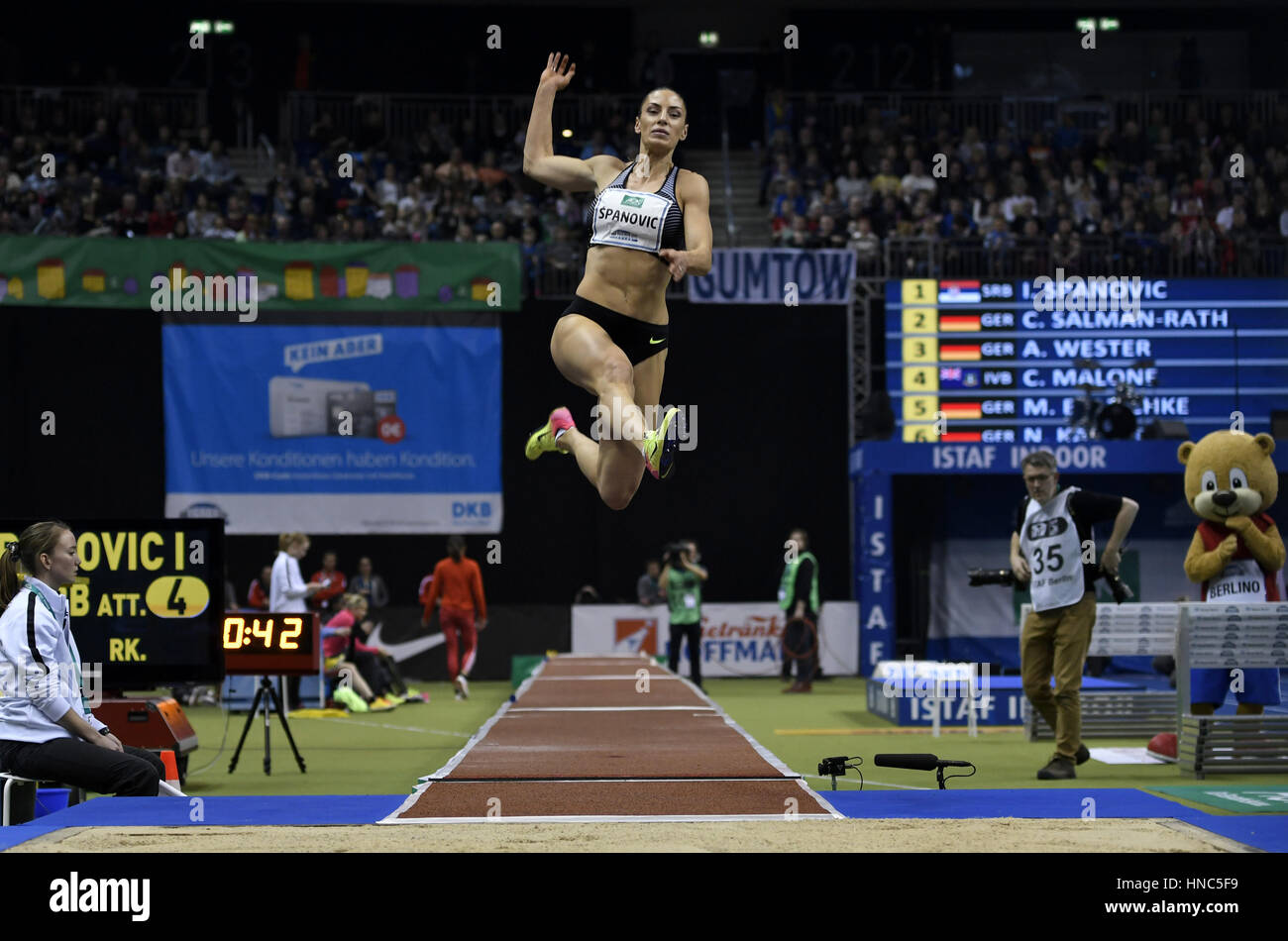 Berlin, Germany. 10th February 2017. ISTAF Indoor 2017, Mercedes-Benz Arena in Berlin, Germany. 10th February, 2017.  Women Long Jump winner Ivana Spanovic (Serbia) jumping a distance of 6.87 meters. Credit: Paul Velasco/Alamy Live News Stock Photo