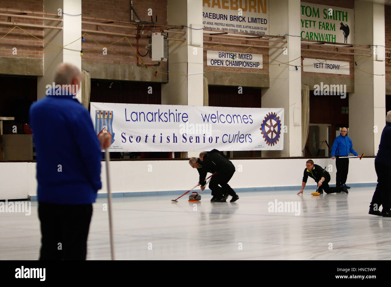 Hamilton, Glasgow, Scotland. 10th February 2017. Action from the the morning session of the Mens Scottish Senior Curling Championships at Hamilton Ice Rink.  Image Credit: Colin Poultney/Alamy Live News Stock Photo
