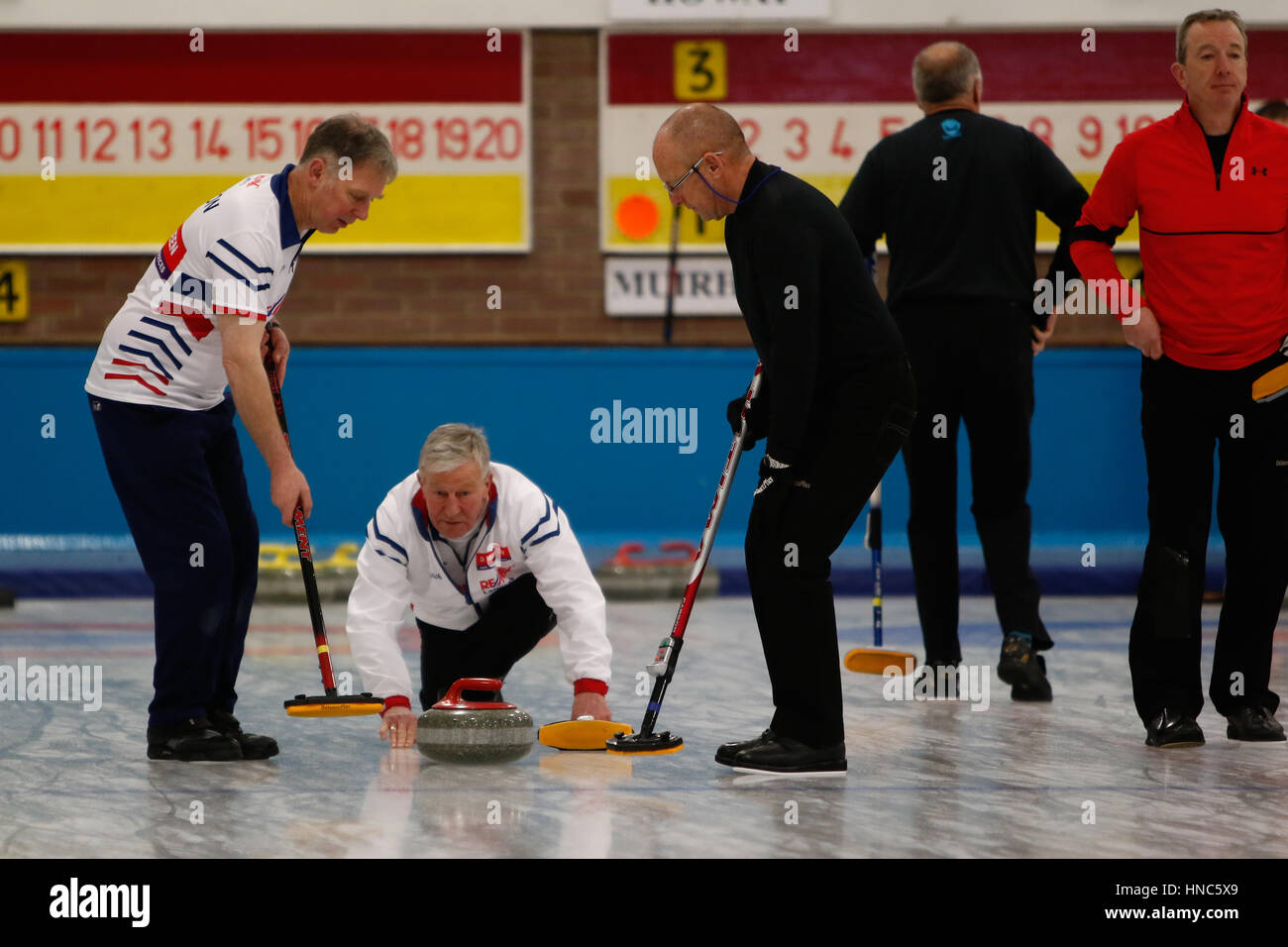 Hamilton, Glasgow, Scotland. 10th February 2017. Action from the the morning session of the Mens Scottish Senior Curling Championships at Hamilton Ice Rink.  Image Credit: Colin Poultney/Alamy Live News Stock Photo