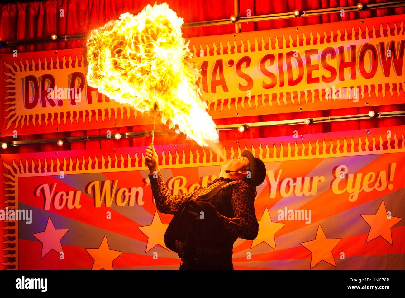 Blackpool, Lancashire, UK. 11th February 2017. Roll up! Roll up!! 'SHOWZAM' Festival sideshow returns to Blackpool, Lancashire.   Dr. Phantasma's fire spectacular show performed at the Winter Gardens, Blackpool.  Back for its 10th year the festival is packed with magic, sideshows & street theatre all over the famous north west town. Stock Photo