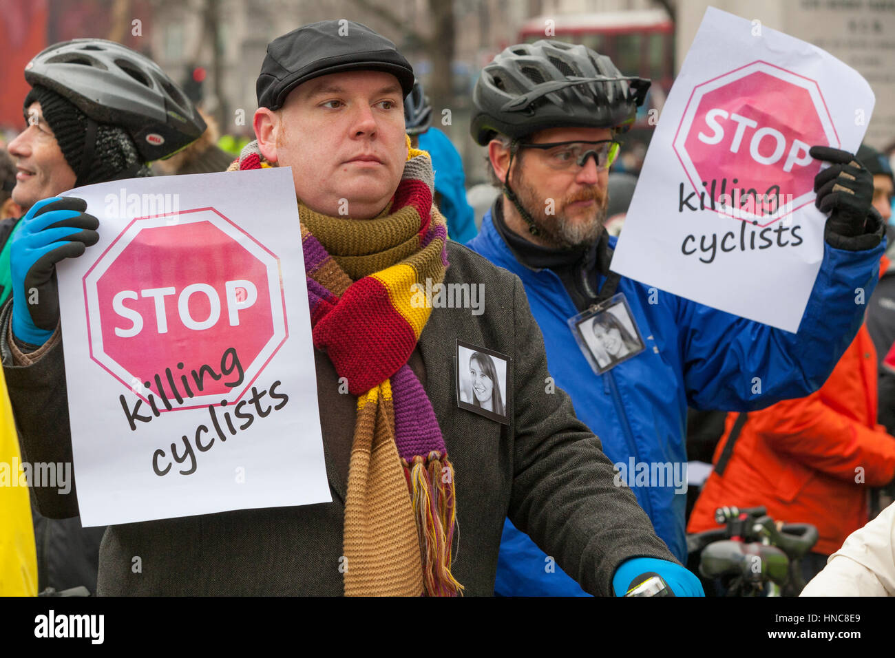 London, UK. 11th February 2017.  As air pollution kills thousands every year, hundreds of cyclists set out from Trafalgar Square to stage a 'Dye-In' protest outside The Treasury demanding that the Chancellor increase funding for cycling, rising to 10% of the UK transport budget by 2020. Credit: Steve Parkins/Alamy Live News Stock Photo