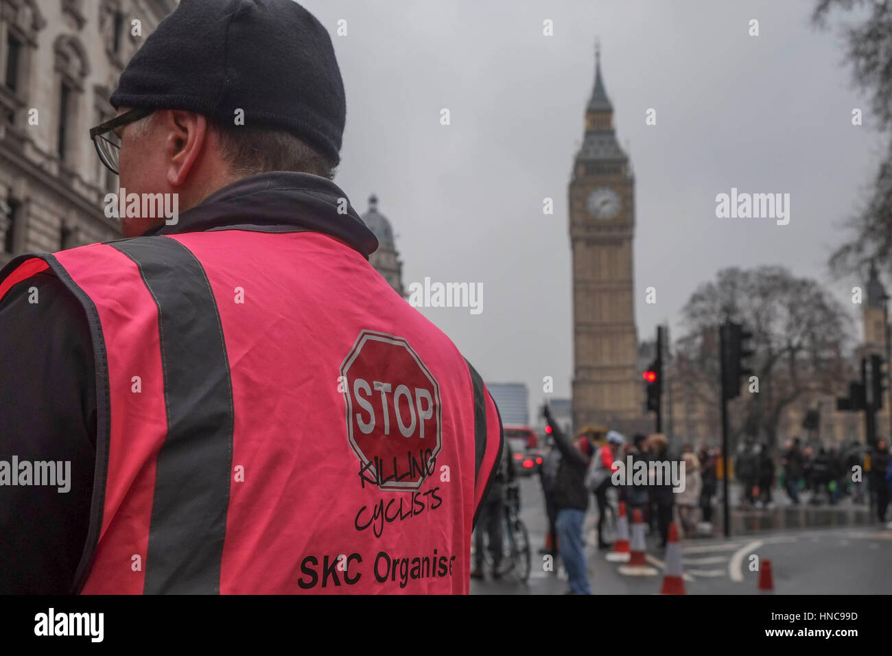London, UK. 11th February 2017. Cyclist campaign group stage a   demo and 'Die In' outside the Treasury Office calling on the government to make roads safer  and  increase spending for Cycling by 10% by 2020. © claire doherty/Alamy Live News Stock Photo