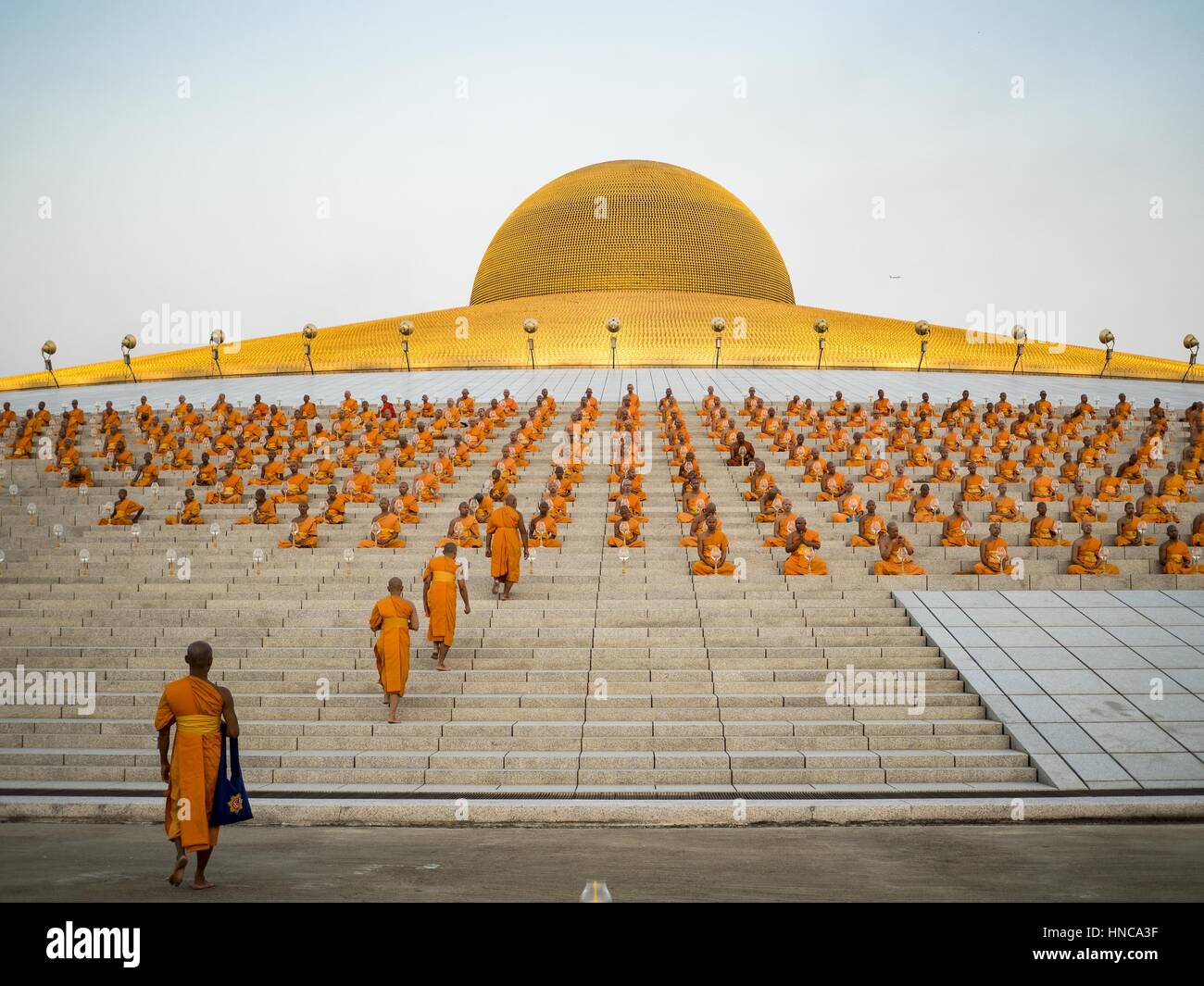 Khlong Luang Pathum Thani Thailand 11th Feb 17 Buddhist Monks Walk To Their Seat During The Makha Bucha Day Service At Wat Phra Dhammakaya Makha Bucha Day Is A Public Holiday In