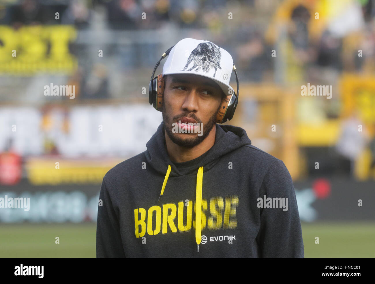 Darmstadt, Germany. 11th Feb, 2017. Dortmund's Pierre-Emerick Aubameyang on the ground before the match at the German Bundesliga soccer match between Darmstadt 98 and Borussia Dortmund at the Jonathan Heimes stadium in Darmstadt, Germany, 11 February 2017. Darmstadt won the game 2:1. Photo: Frank Rumpenhorst/dpa/Alamy Live News Stock Photo