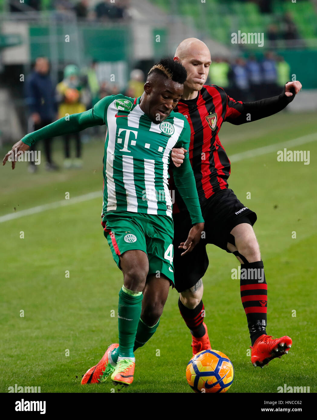 BUDAPEST, HUNGARY - MAY 12: (r-l) Leandro De Almeida 'Leo' of Ferencvarosi  TC celebrates the goal with Roland Varga of Ferencvarosi TC during the  Hungarian OTP Bank Liga match between Ferencvarosi TC