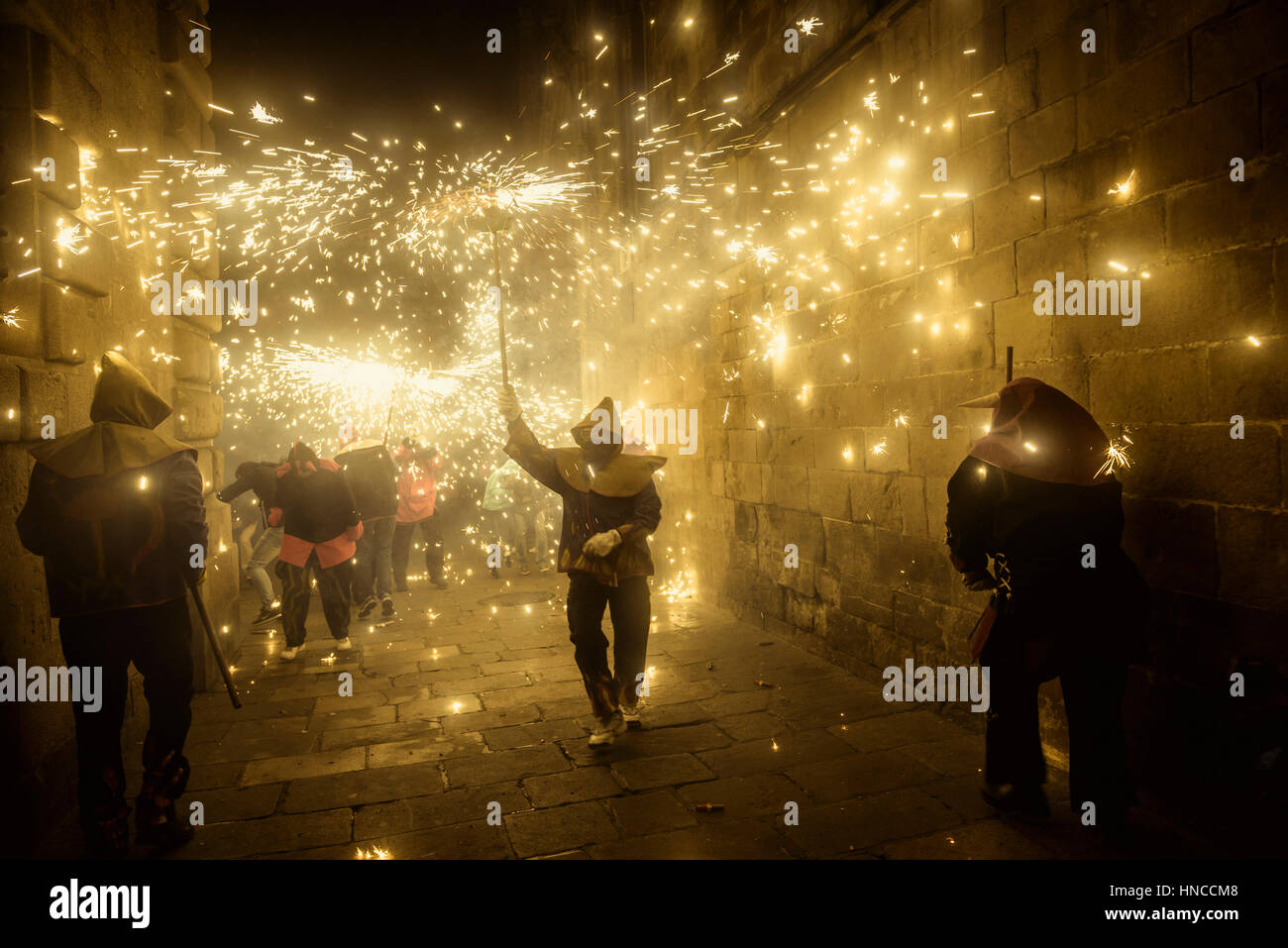 Barcelona, Spain. 11th Feb, 2017. Members of various correfoc-groups in ...