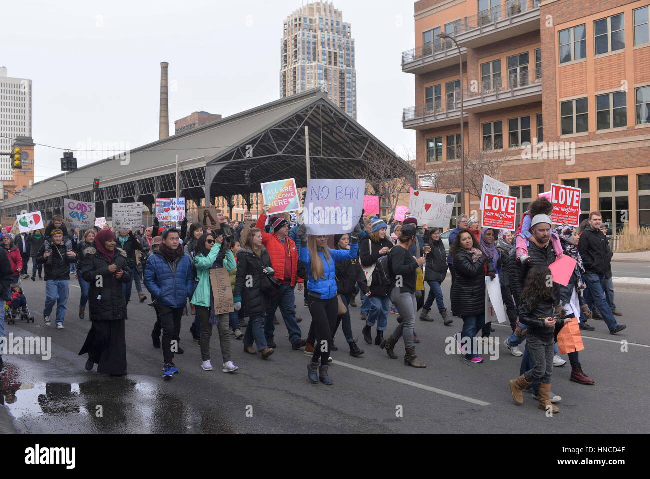 Minnesota, Minnesota, USA. 11th Feb, 2017. More than 2,000 protesters march in the The Caravan of Love: A Walk of Love for Immigrants and Refugees to protest President Trump's Immigration Ban. The march started at City hall and went to Mpls's so-called 'Little Mogadishu' on the Wesst Bank. Credit: Sean Smuda /ZUMA Wire/ZUMAPRESS.com/Alamy Live News Stock Photo