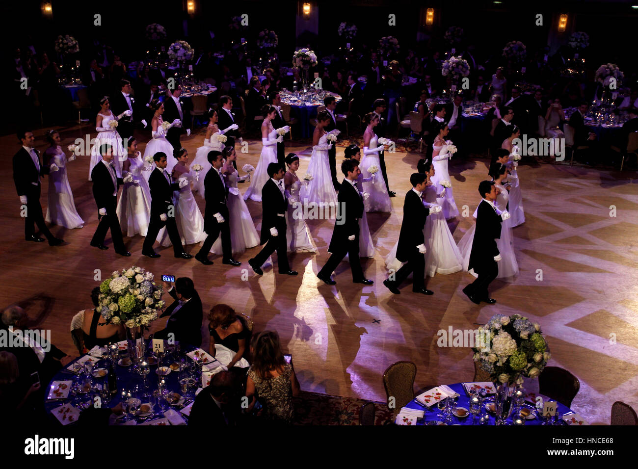 New York, United States. 10th Feb, 2017. Debutantes being escorted onto the dance floor during the 62nd Viennese Opera Ball at the Waldorf Astoria Hotel in New York City on February 10, 2017. The evening celebrated the 150th anniversary of Johann Strauss' Blue Danube Waltz and the gala event was to benefit the legacy of Leonard Bernstein, a project of the Jewish Museum in cooperation with the U.S. Friends of the Jewish Museum in Vienna. Credit: Adam Stoltman/Alamy Live News Stock Photo