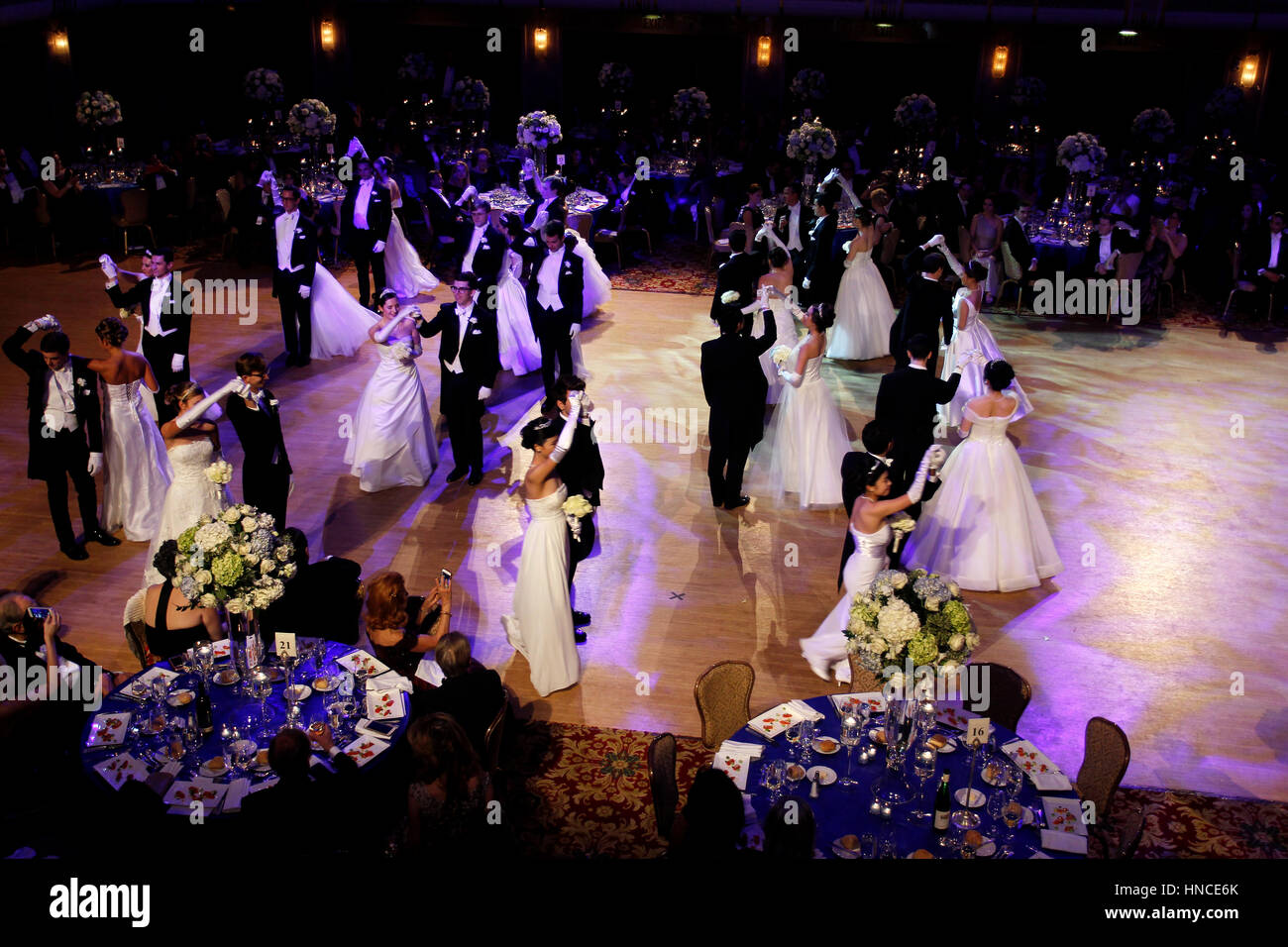 New York, United States. 10th Feb, 2017. Debutantes being escorted onto the dance floor during the 62nd Viennese Opera Ball at the Waldorf Astoria Hotel in New York City on February 10, 2017. The evening celebrated the 150th anniversary of Johann Strauss' Blue Danube Waltz and the gala event was to benefit the legacy of Leonard Bernstein, a project of the Jewish Museum in cooperation with the U.S. Friends of the Jewish Museum in Vienna. Credit: Adam Stoltman/Alamy Live News Stock Photo