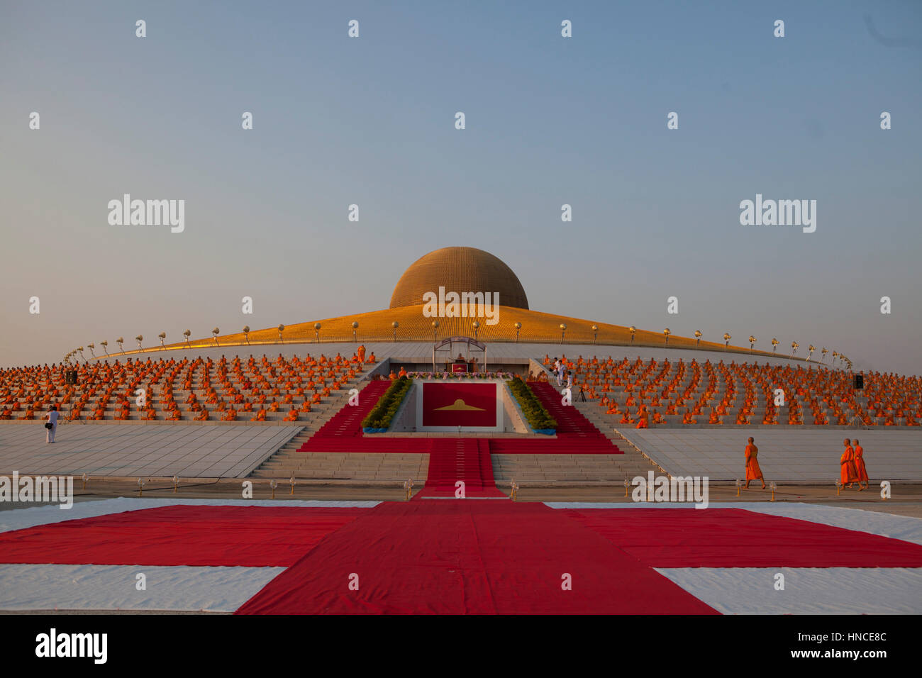 Bangkok, Thailand. 11th Feb, 2017. Thousands of Buddhist monks take part in Makha Bucha Day at Wat Dhammakaya temple, just north of Bangkok.  Makha Bucha Day is held in celebration of the teachings of the Lord Buddha. Credit: PixelPro/Alamy Live News Stock Photo