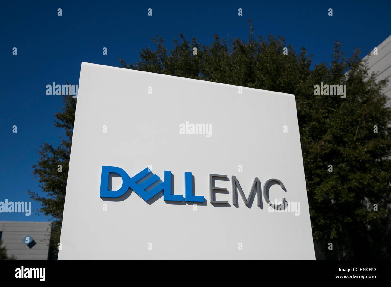 A logo sign outside of a facility occupied by Dell EMC in Round Rock, Texas on January 28, 2017. Stock Photo